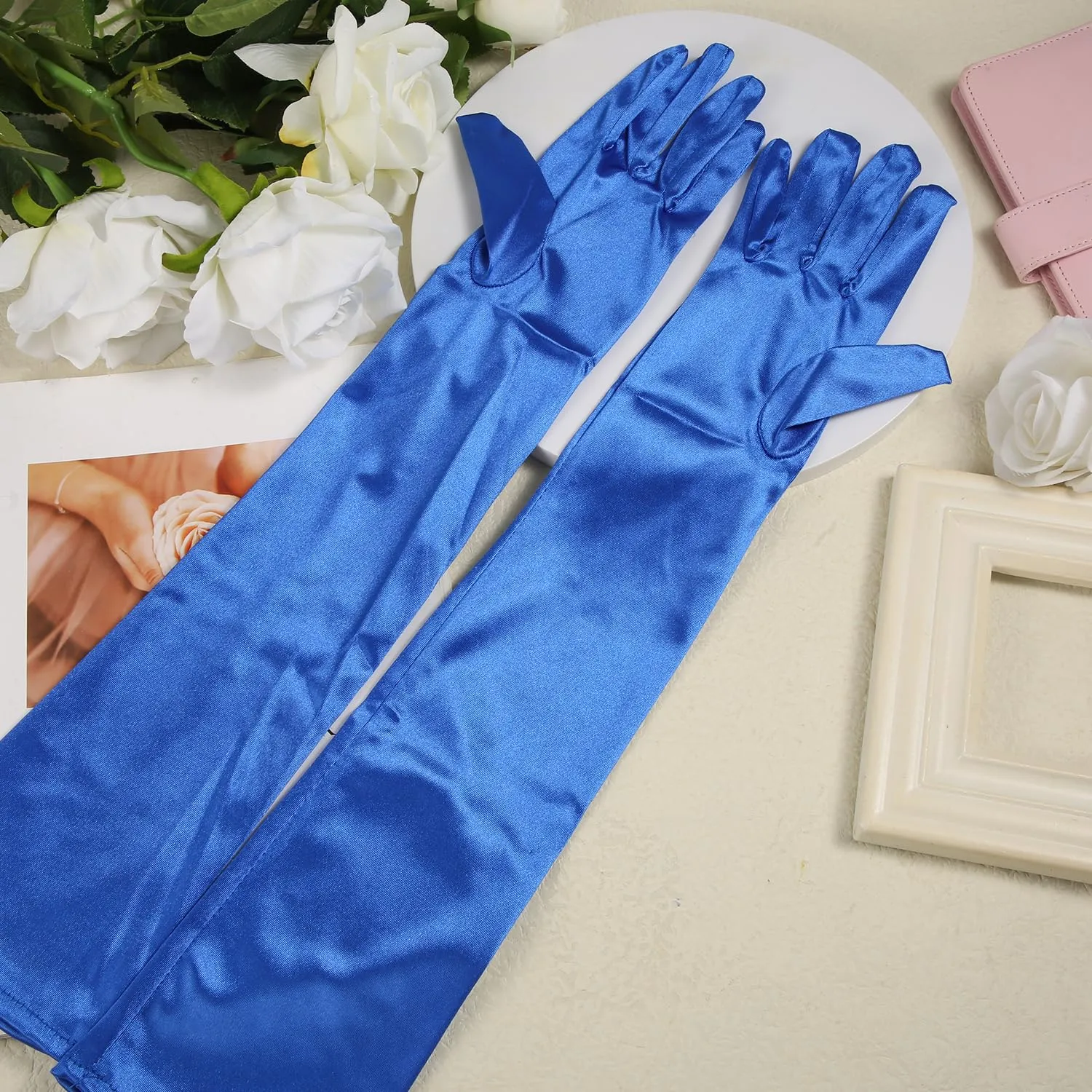 NQEUEPN Guanti Lunghi da Donna in Raso, 52cm, Blu - immagine 3