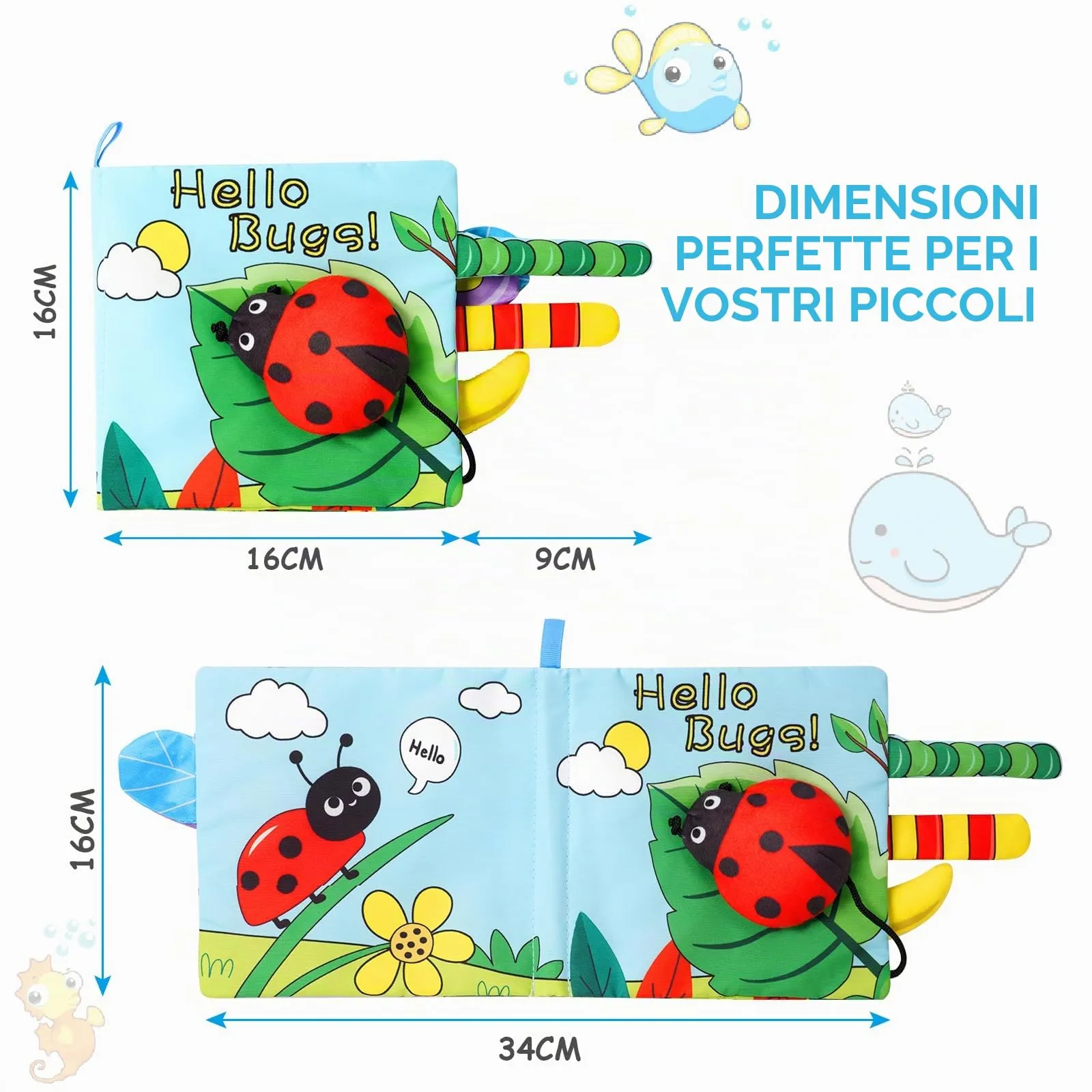 Vicloon Libro di Stoffa Interattivo, 4 Pagine, Sensoriali Giocattoli Educativi per Neonati, Beetle - immagine 2