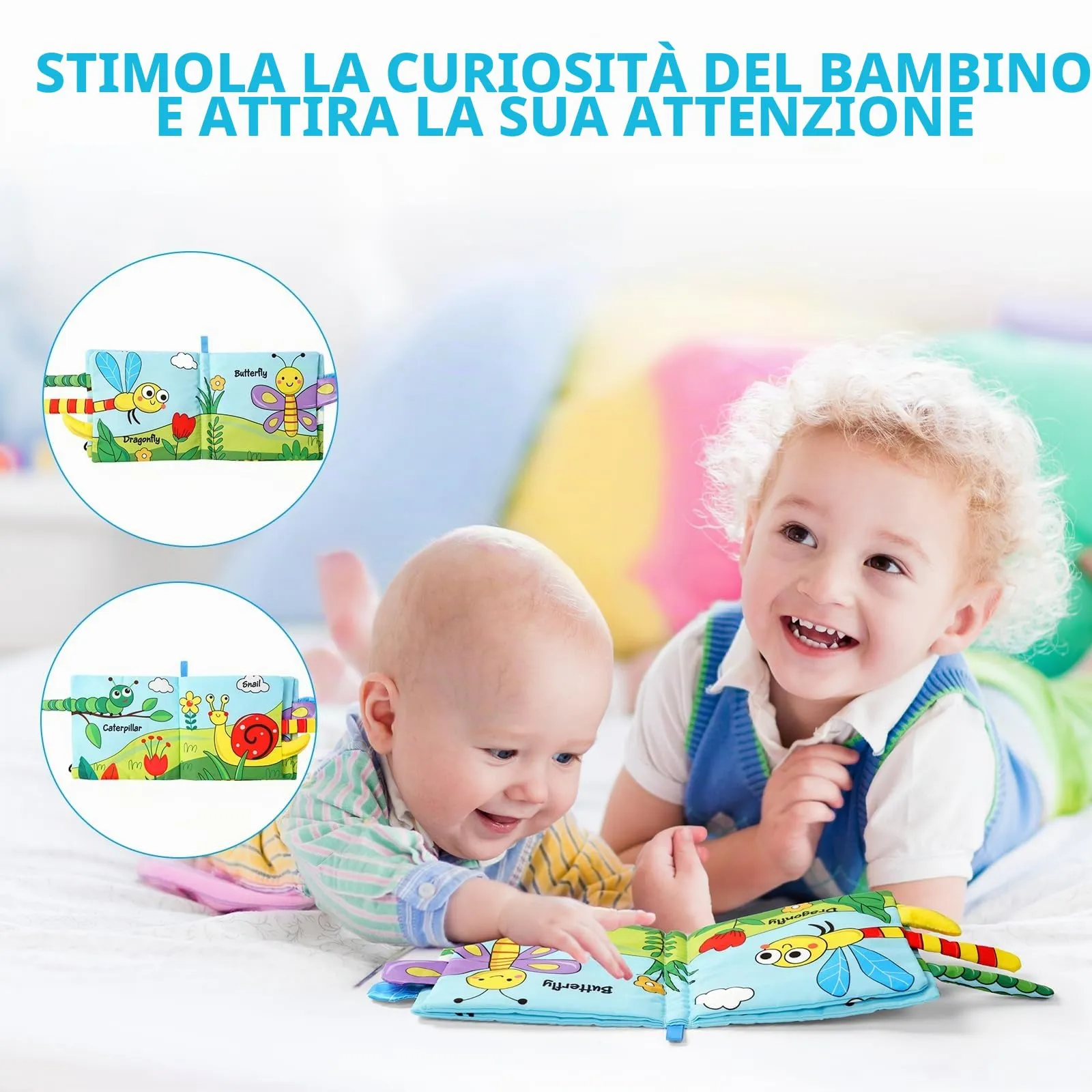 Vicloon Libro di Stoffa Interattivo, 4 Pagine, Sensoriali Giocattoli Educativi per Neonati, Beetle - immagine 3