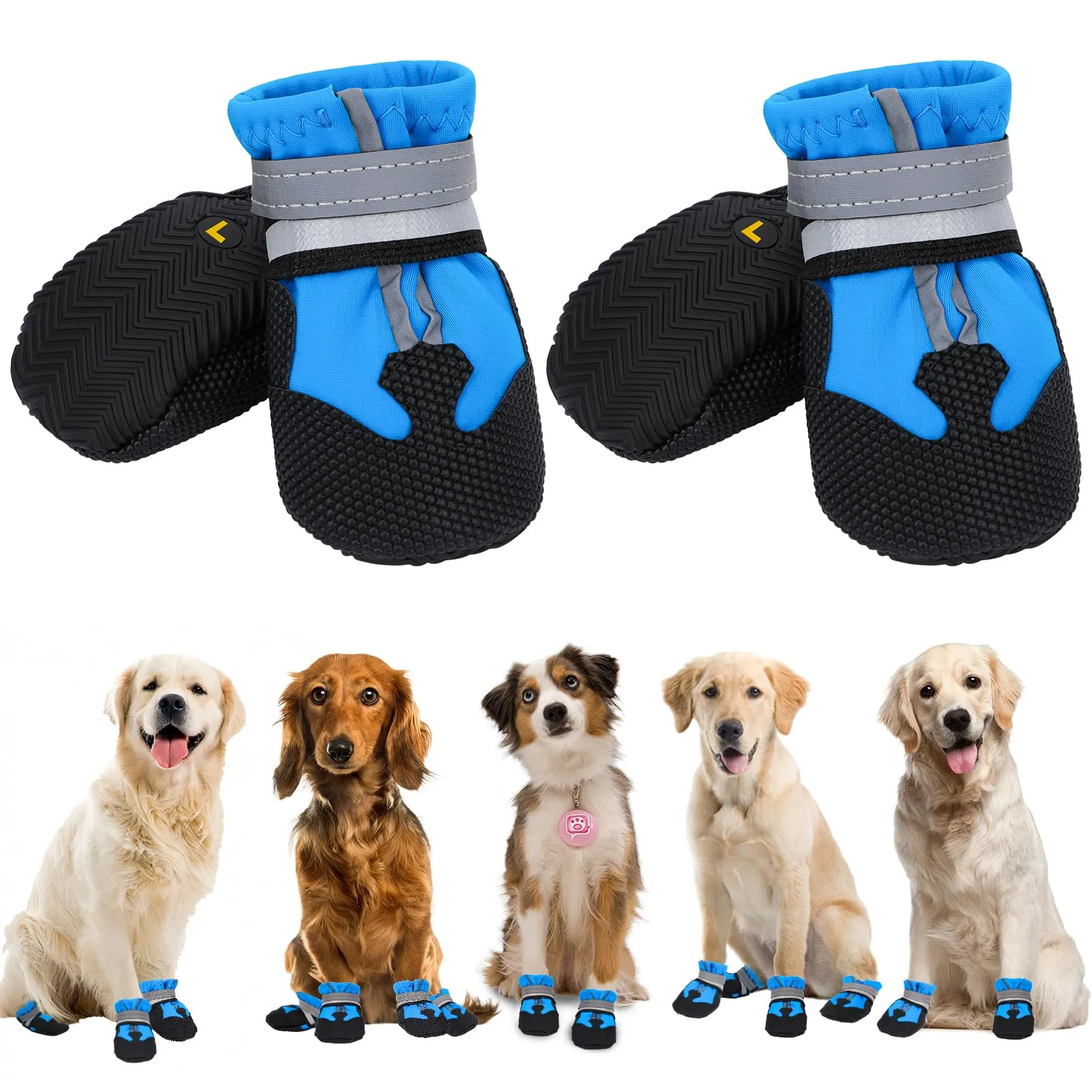 QKURT Stivali per Cani Paw Protector, Impermeabili con Cinghie Riflettenti, Antiscivolo e Regolabili, Taglia L, Blu - immagine 1