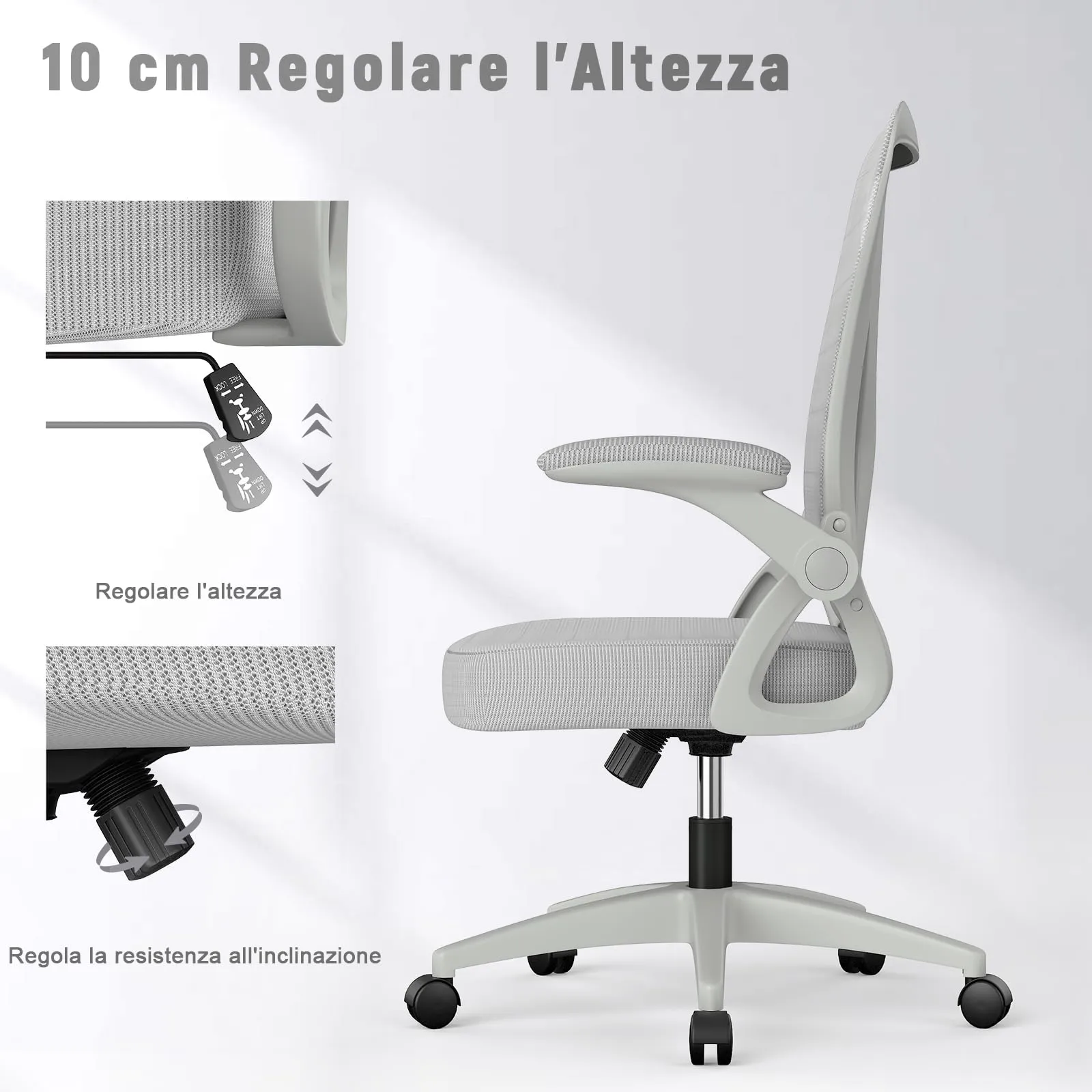 Rattantree Sedia da Ufficio Ergonomica con Supporto Lombare e Braccioli Regolabili, Grigio - immagine 2