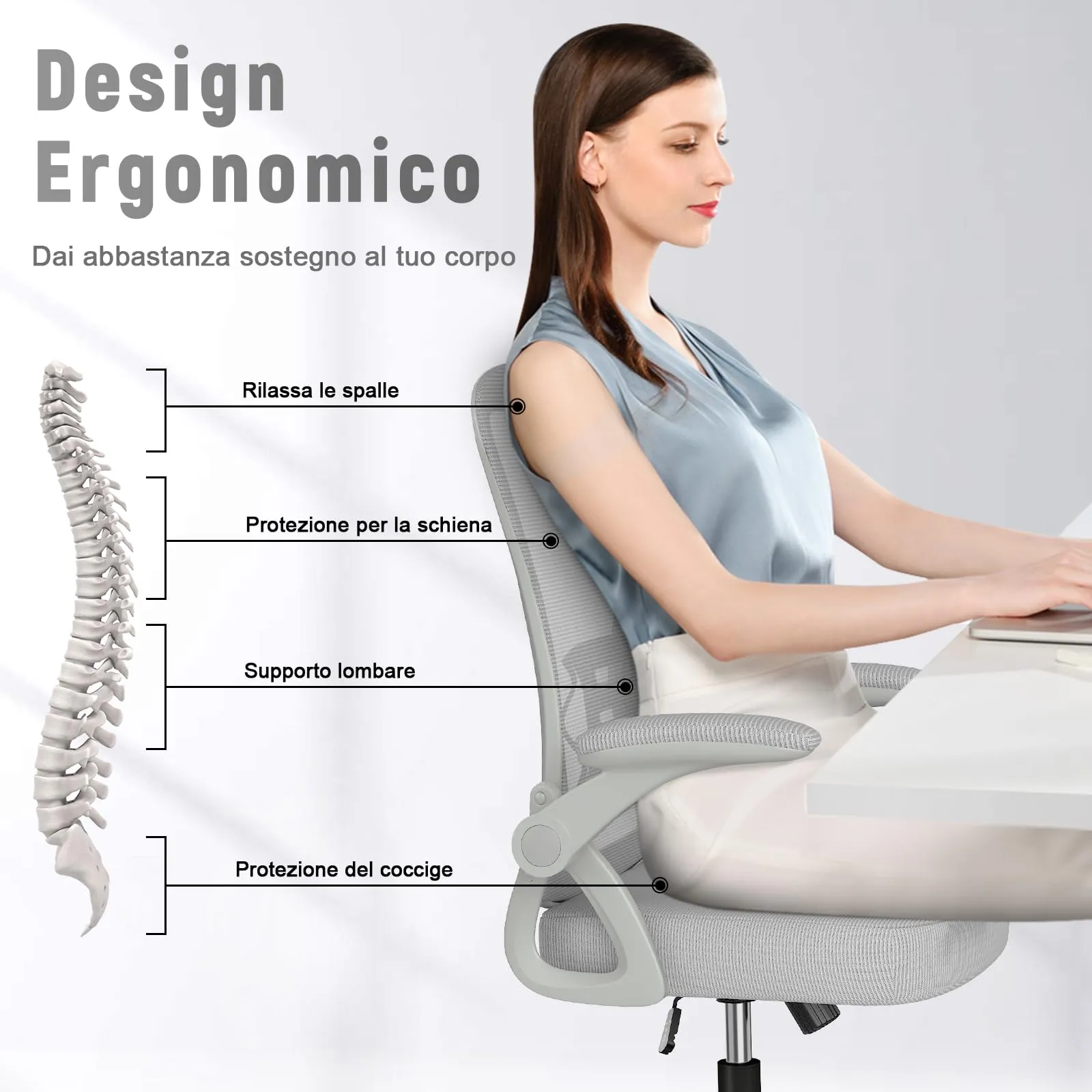 Rattantree Sedia da Ufficio Ergonomica con Supporto Lombare e Braccioli Regolabili, Grigio - immagine 3