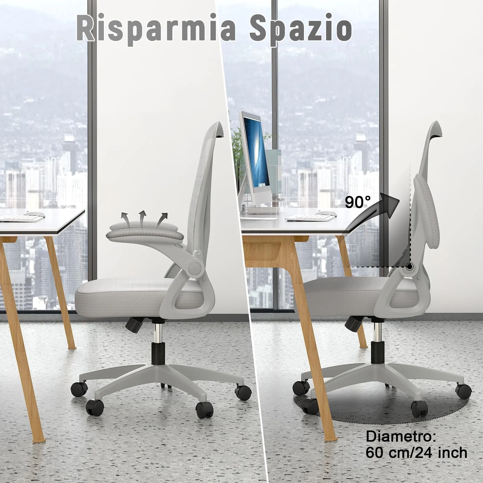 Rattantree Sedia da Ufficio Ergonomica con Supporto Lombare e Braccioli Regolabili, Grigio - immagine 4