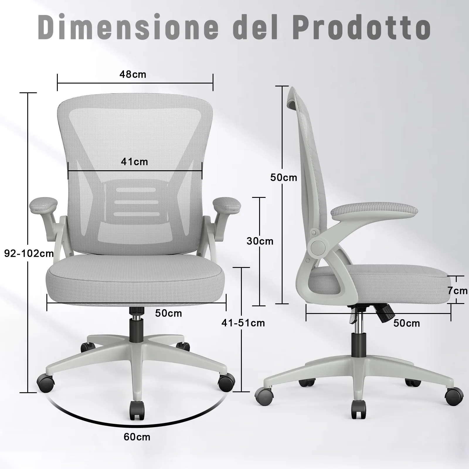 Rattantree Sedia da Ufficio Ergonomica con Supporto Lombare e Braccioli Regolabili, Grigio - immagine 6