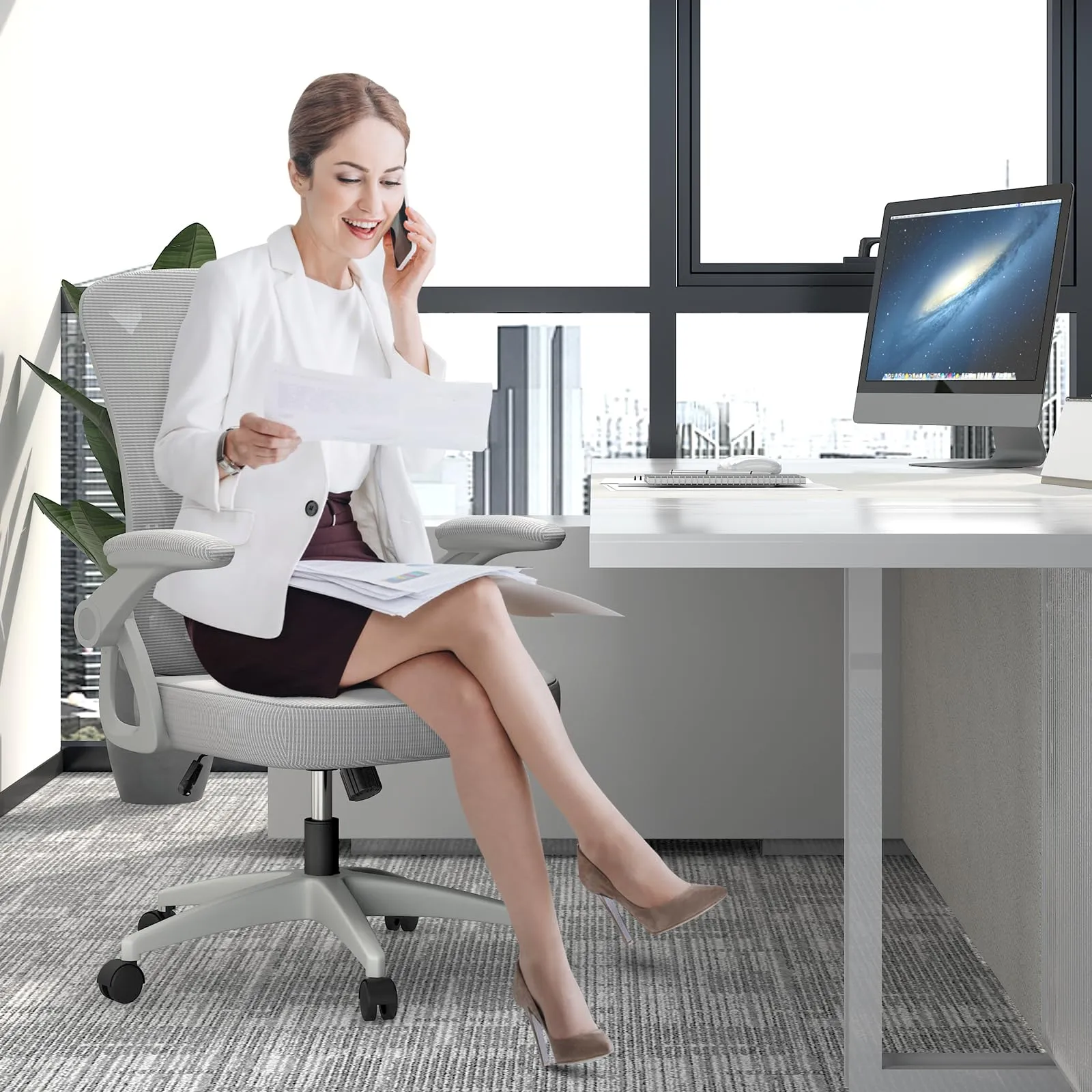 Rattantree Sedia da Ufficio Ergonomica con Supporto Lombare e Braccioli Regolabili, Grigio - immagine 7