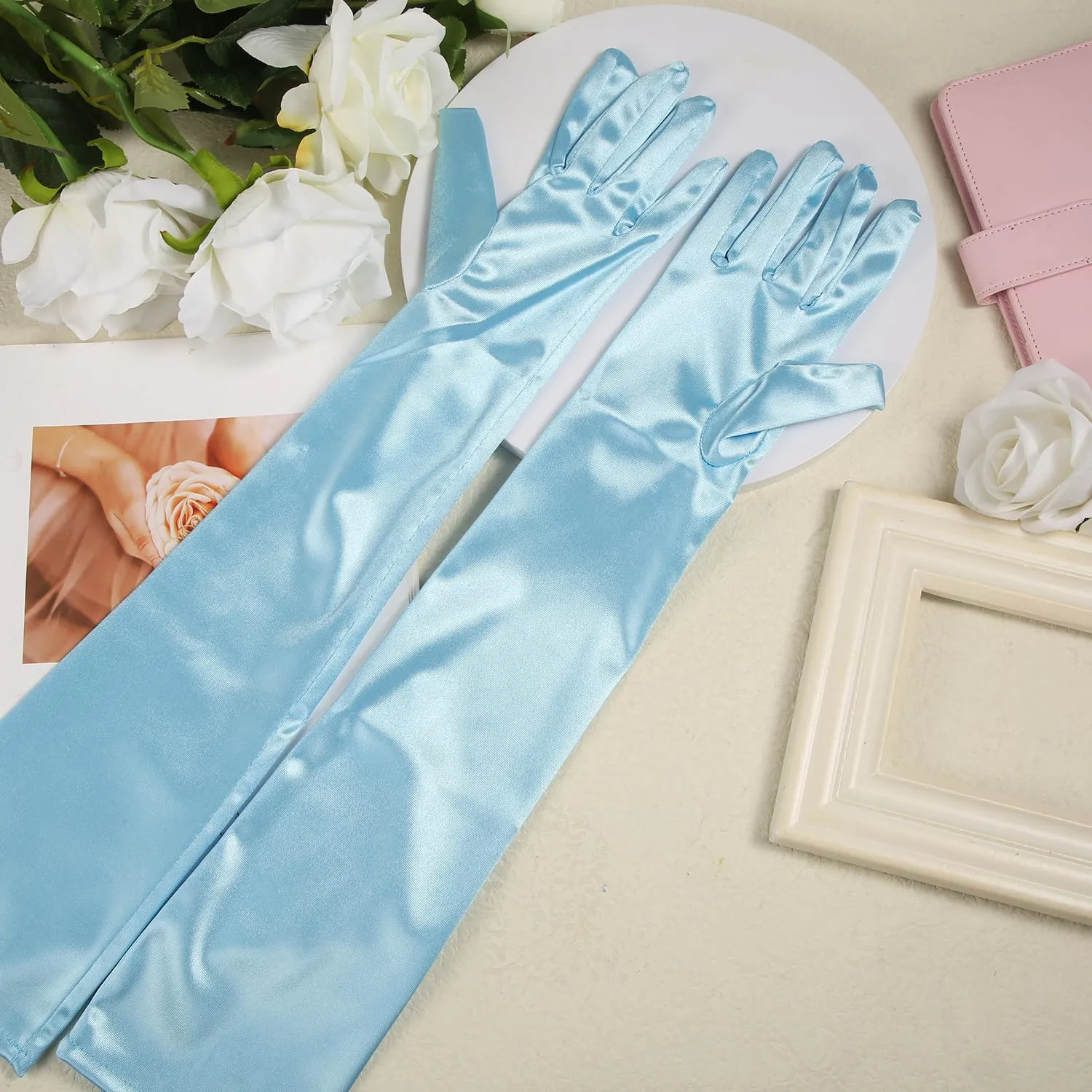 NQEUEPN Guanti Lunghi da Donna in Raso, 52cm, Azzurro Chiaro - immagine 3