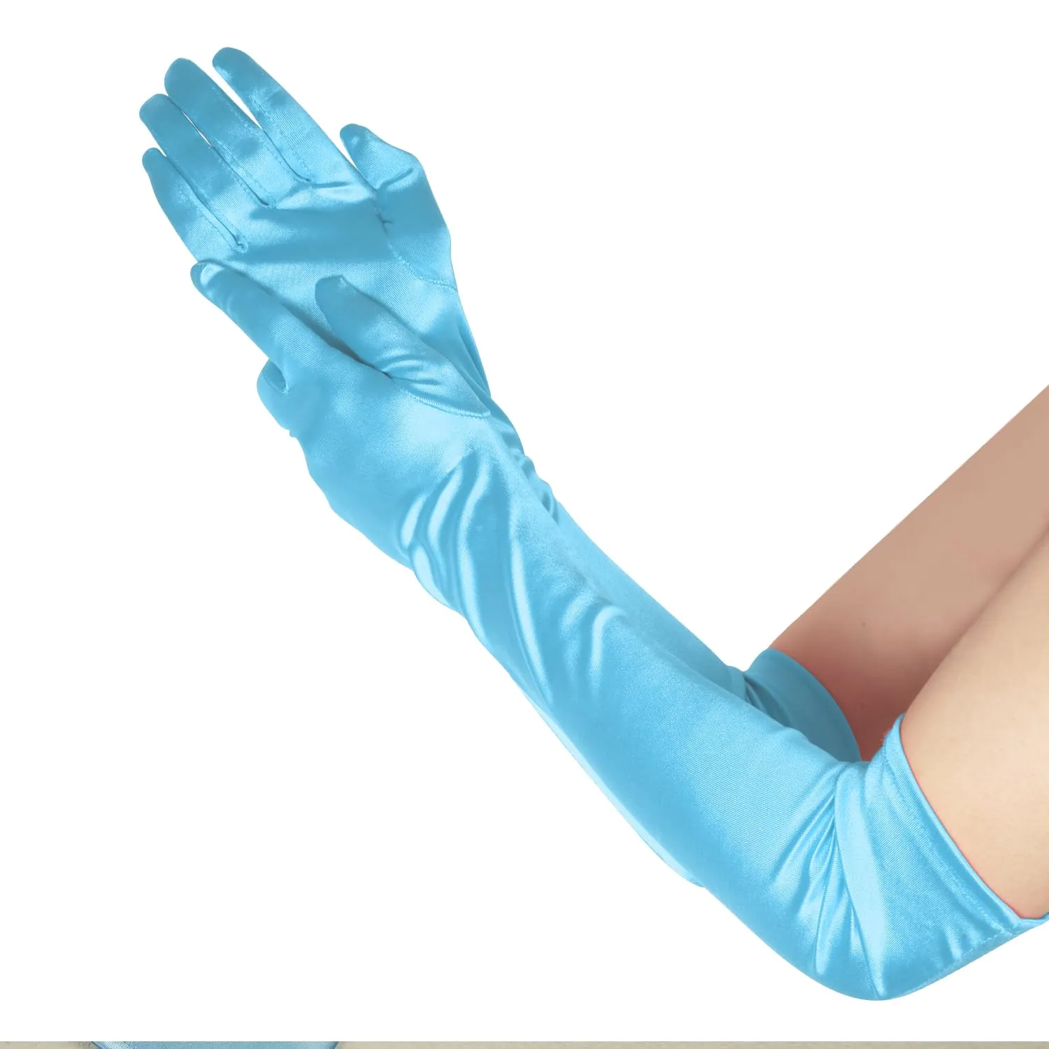 NQEUEPN Guanti Lunghi da Donna in Raso, 52cm, Azzurro Chiaro - immagine 5