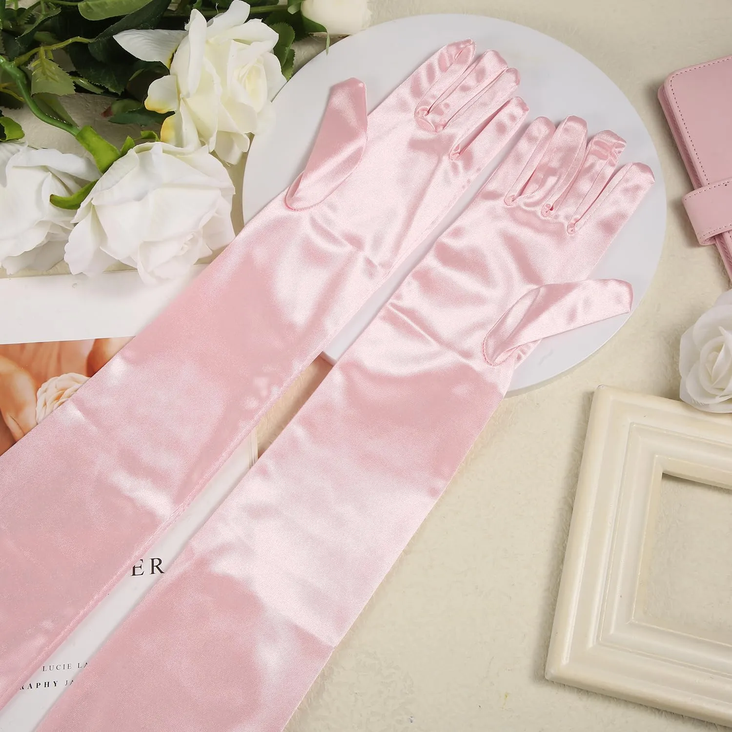 NQEUEPN Guanti lunghi in raso da donna, 52 cm, Rosa, S - immagine 3