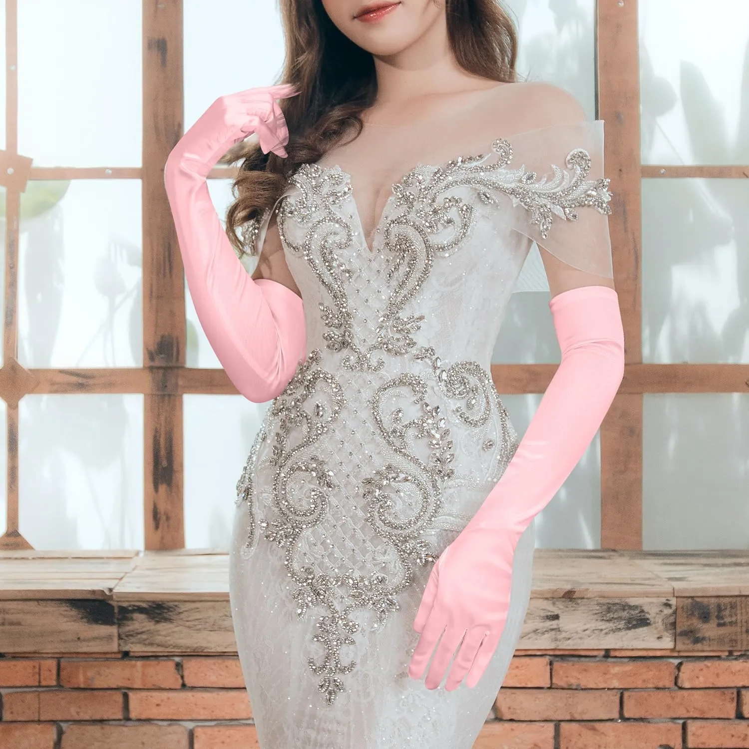 NQEUEPN Guanti lunghi in raso da donna, 52 cm, Rosa, S - immagine 7