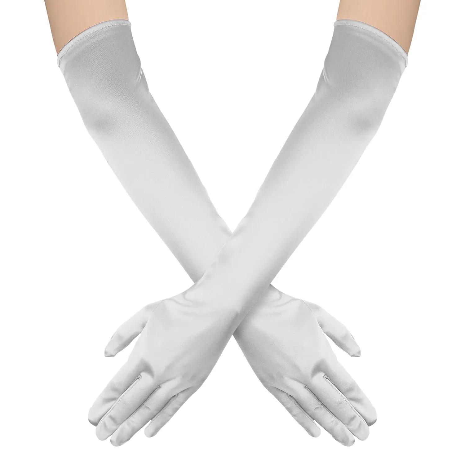 NQEUEPN Guanti Lunghi da Donna in Raso, 52cm, Argento - immagine 1