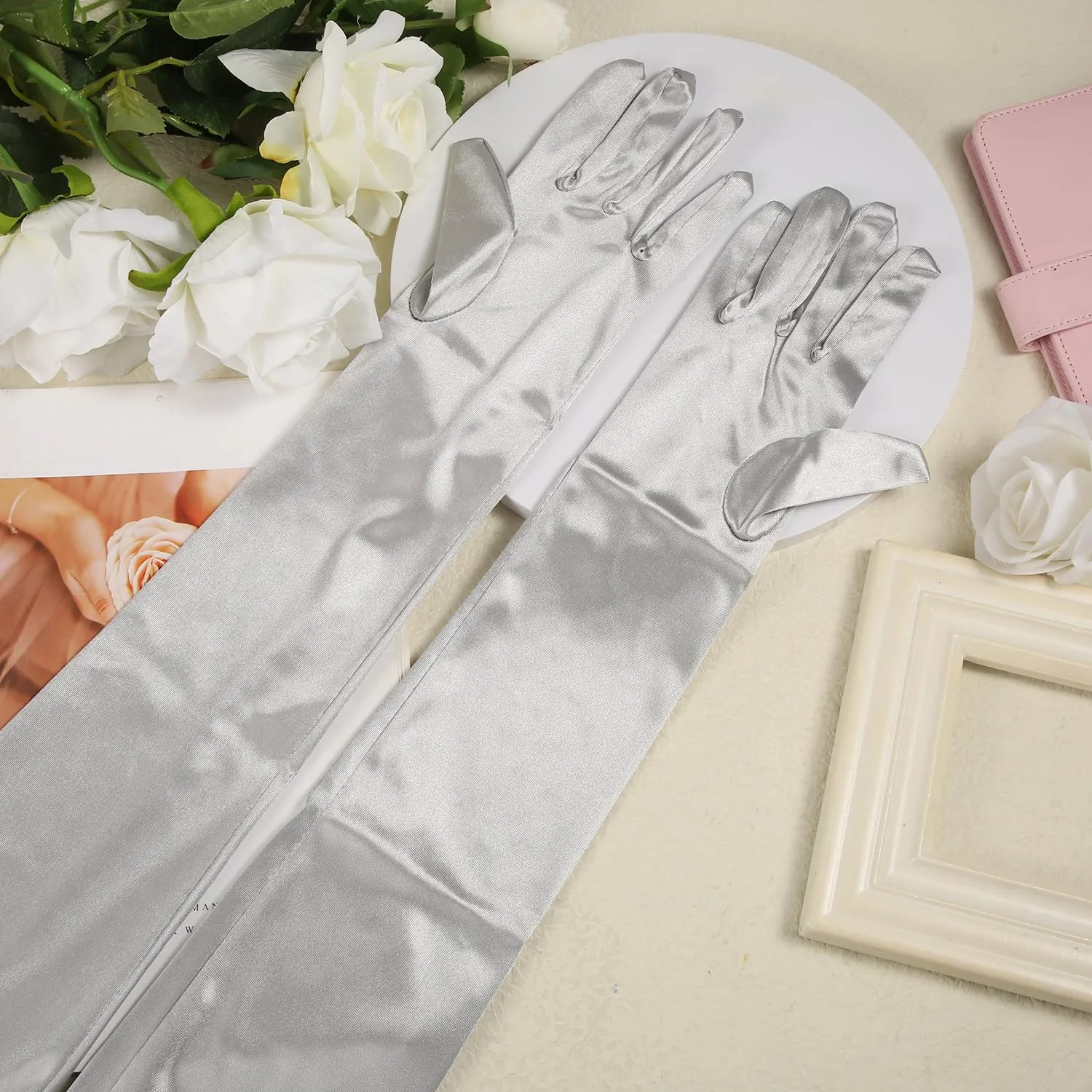 NQEUEPN Guanti Lunghi da Donna in Raso, 52cm, Argento - immagine 3