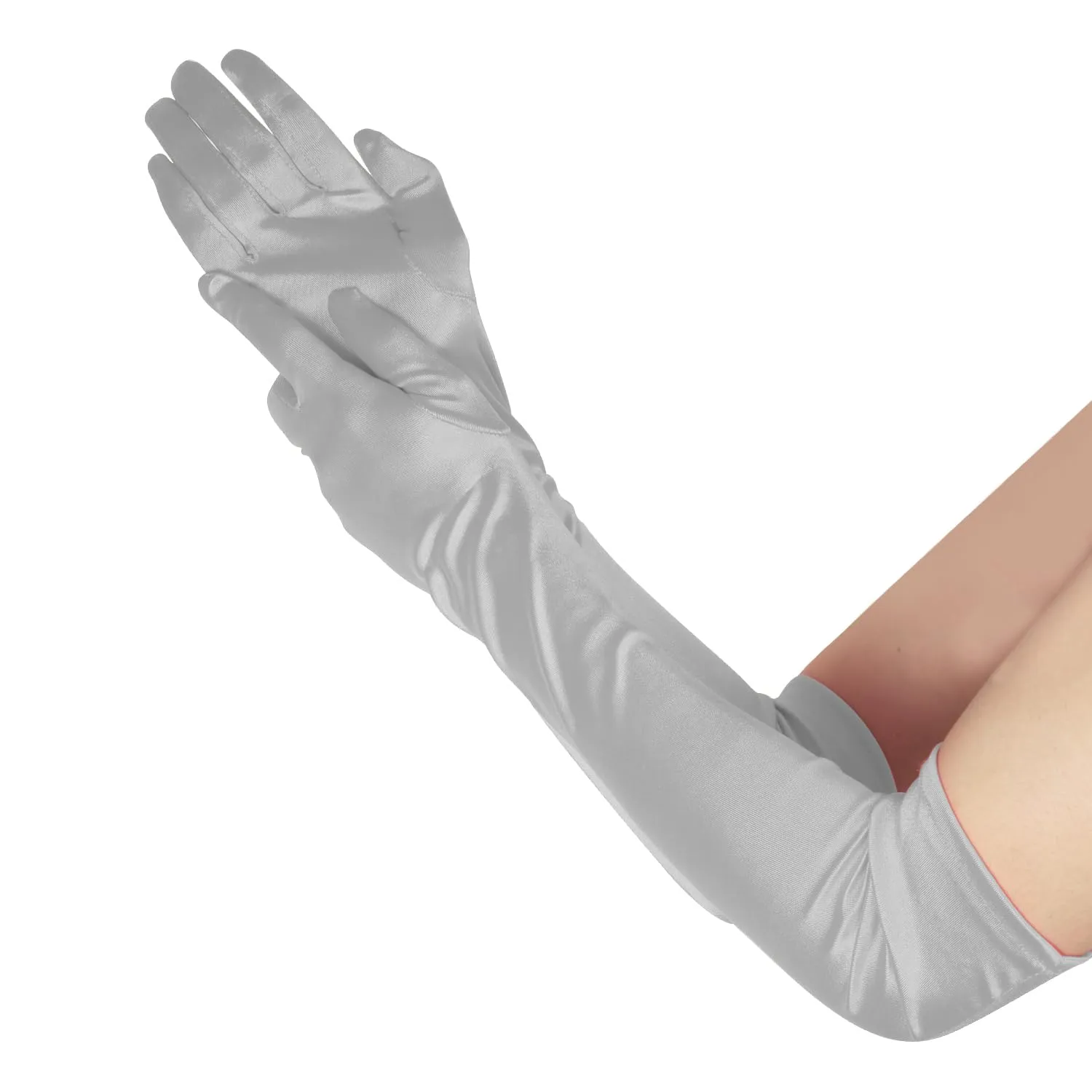 NQEUEPN Guanti Lunghi da Donna in Raso, 52cm, Argento - immagine 5
