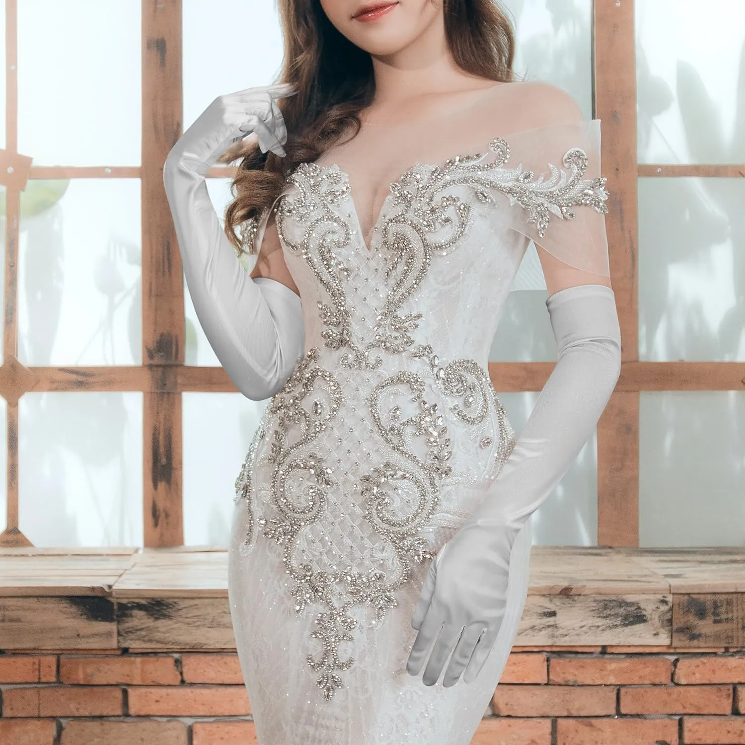 NQEUEPN Guanti Lunghi da Donna in Raso, 52cm, Argento - immagine 7