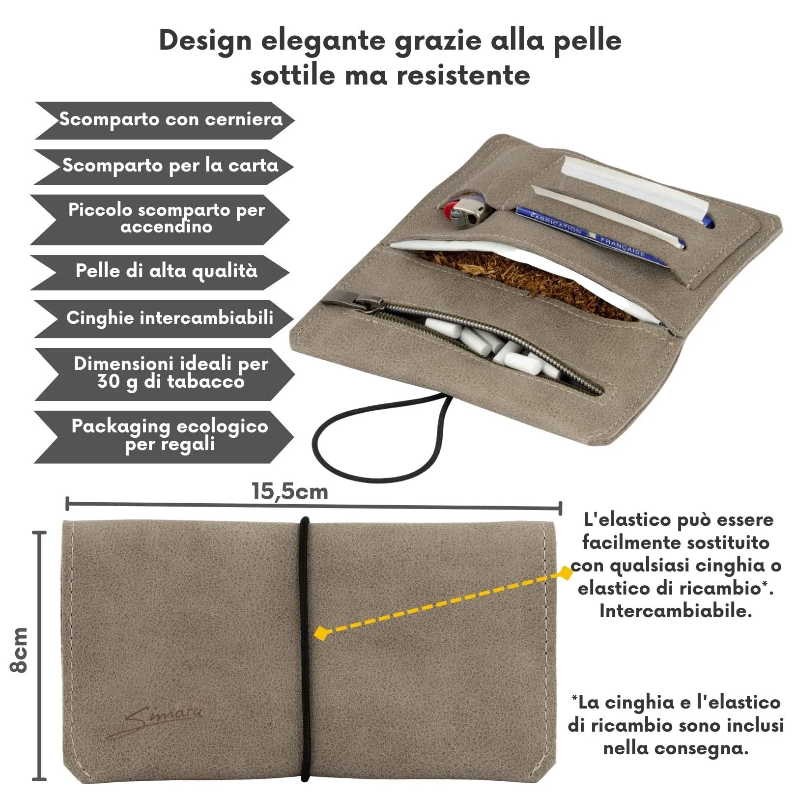 Simaru Astuccio Porta Tabacco in Vera Pelle con Scomparti per Cartine, Filtri e Accendino - Grigio Chiaro - immagine 2