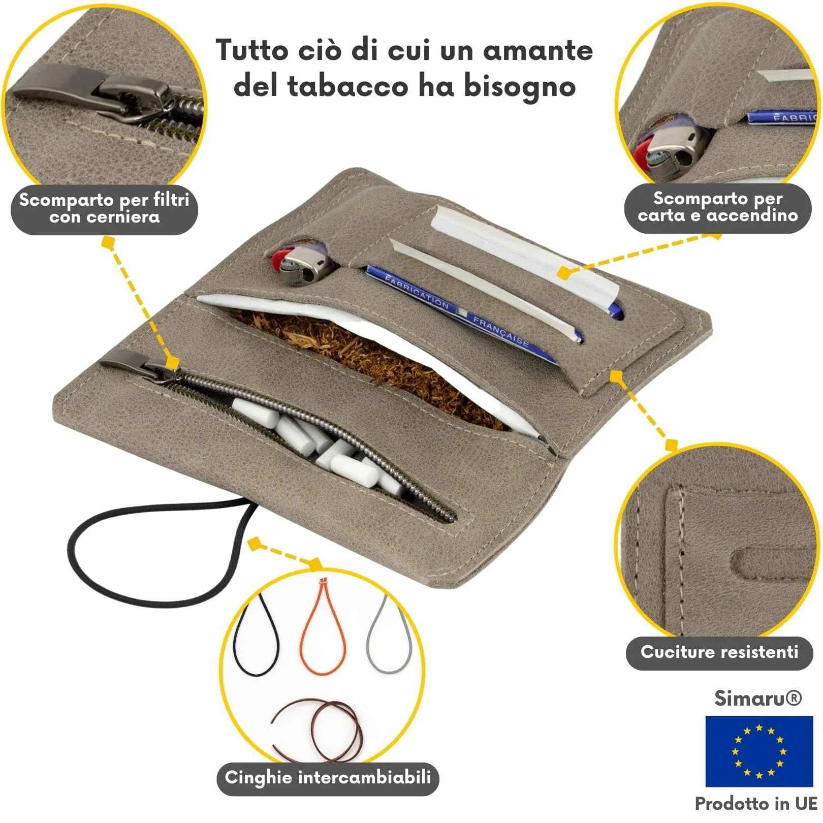 Simaru Astuccio Porta Tabacco in Vera Pelle con Scomparti per Cartine, Filtri e Accendino - Grigio Chiaro - immagine 3