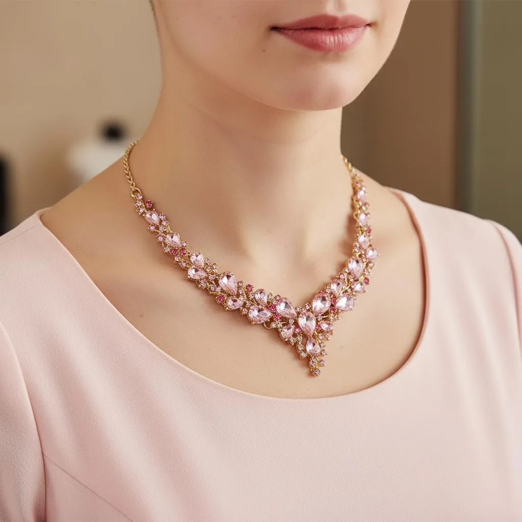 EVER FAITH Set Gioielli da Sposa con Cristallo Goccia, Collana, Orecchini e Bracciale, Rosa Oro Fondo - immagine 2