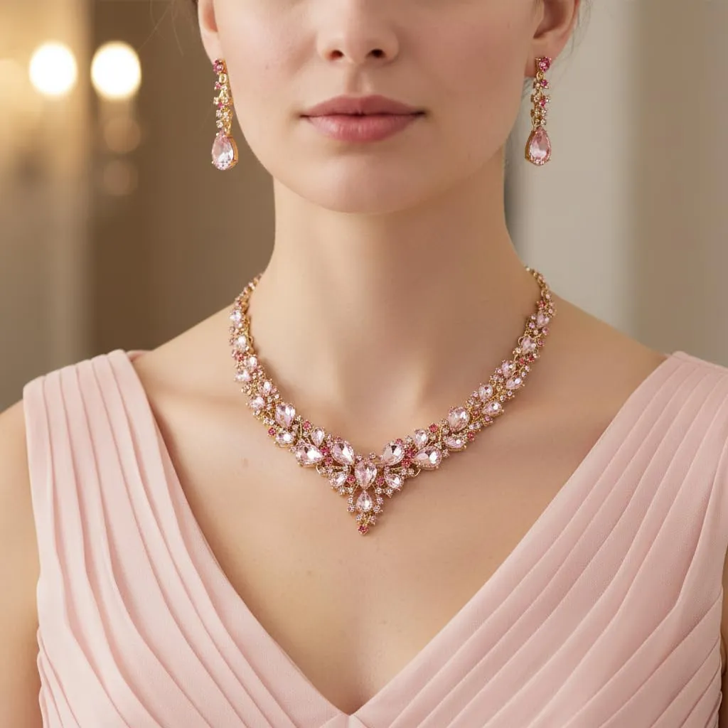 EVER FAITH Set Gioielli da Sposa con Cristallo Goccia, Collana, Orecchini e Bracciale, Rosa Oro Fondo - immagine 3