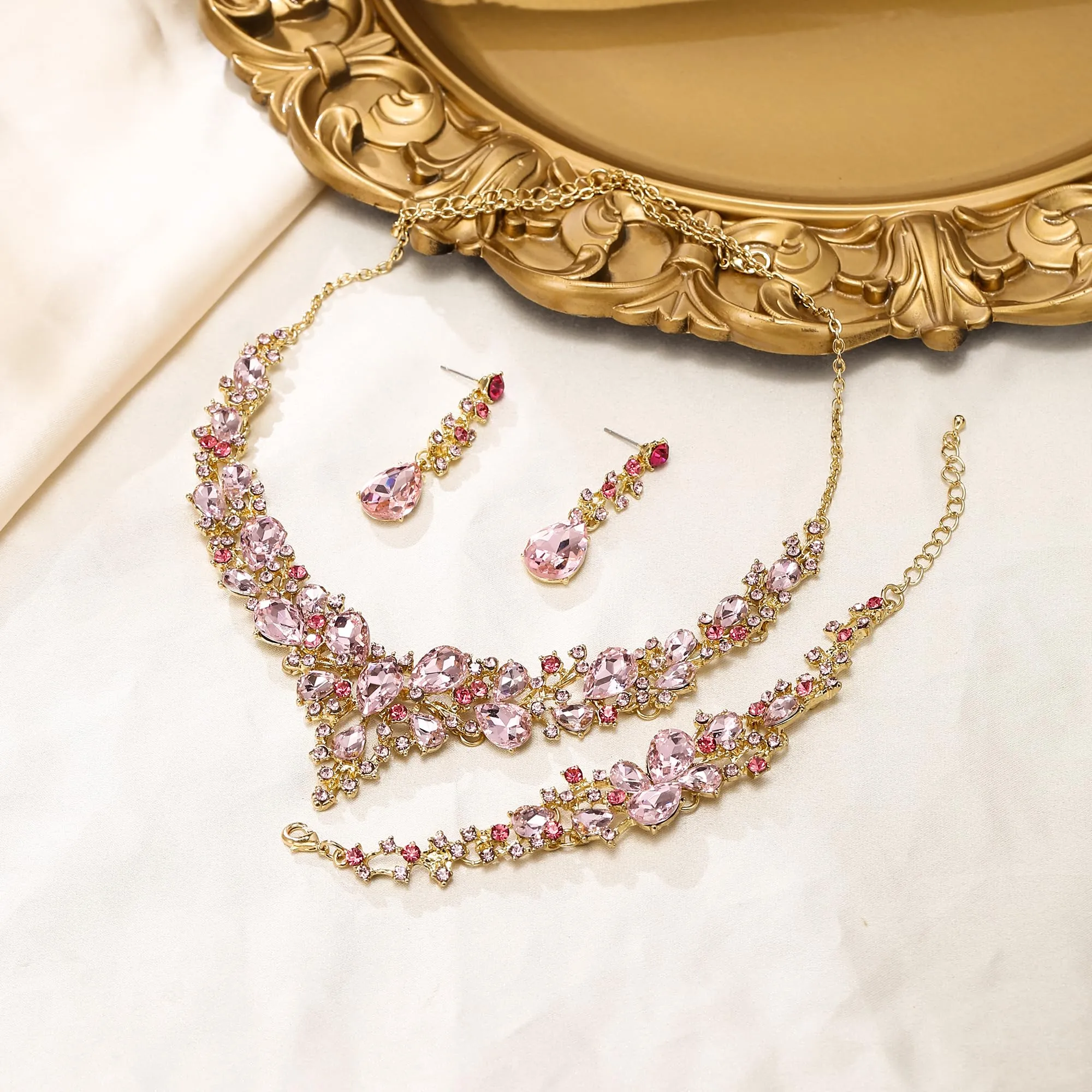 EVER FAITH Set Gioielli da Sposa con Cristallo Goccia, Collana, Orecchini e Bracciale, Rosa Oro Fondo - immagine 4