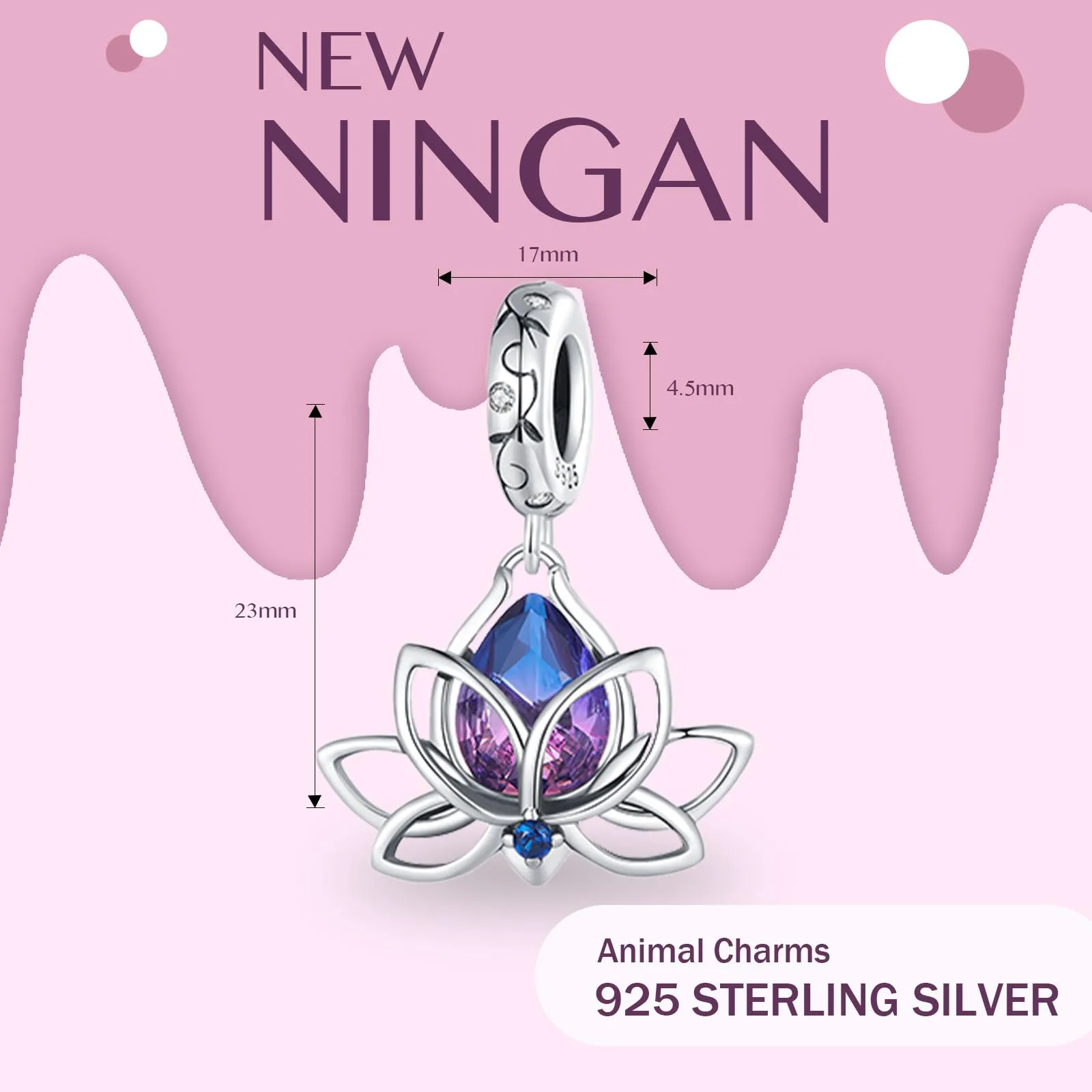 NINGAN 925 Sterling Silver Lotus Pendant Luce Viola Gem Charm - immagine 2