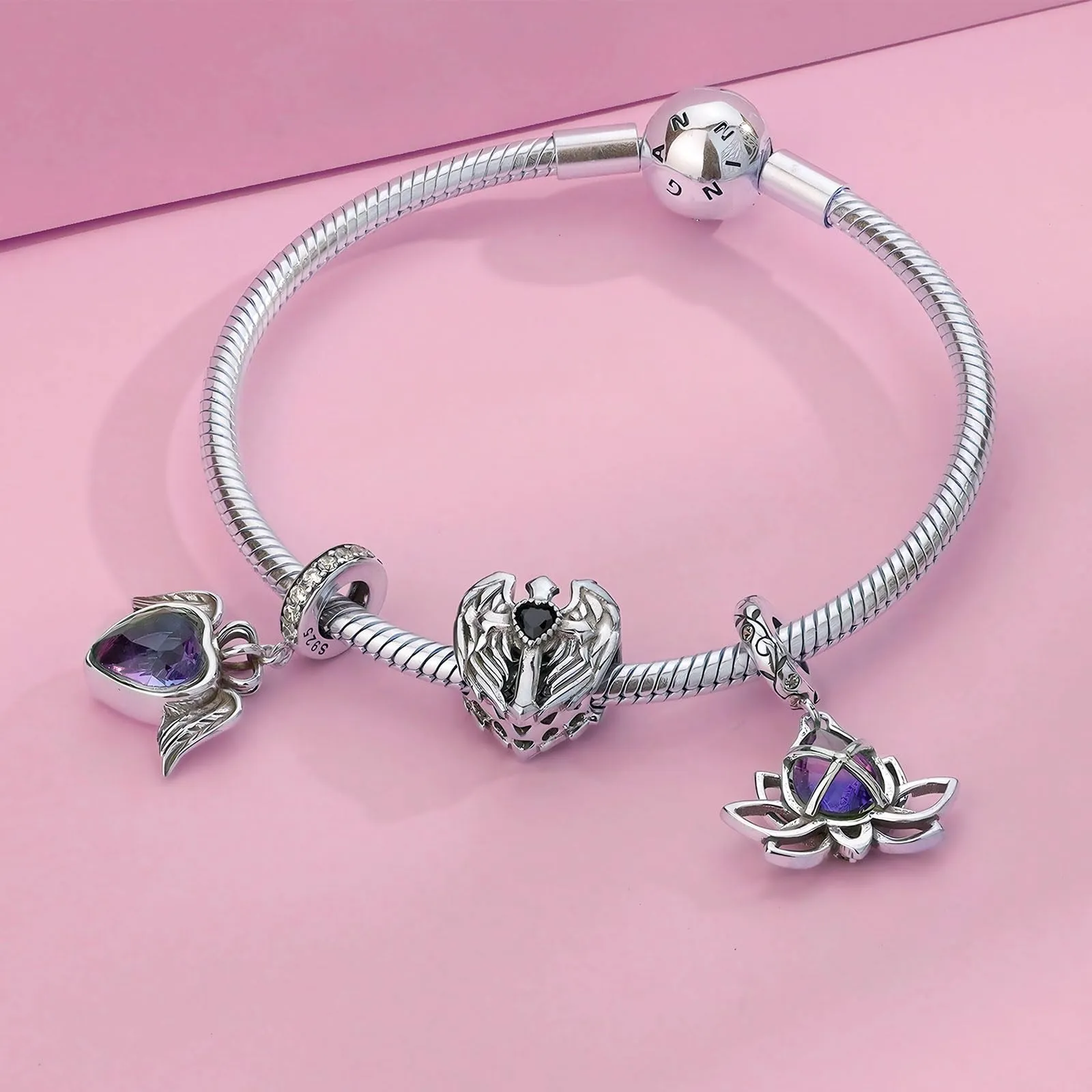 NINGAN 925 Sterling Silver Lotus Pendant Luce Viola Gem Charm - immagine 3