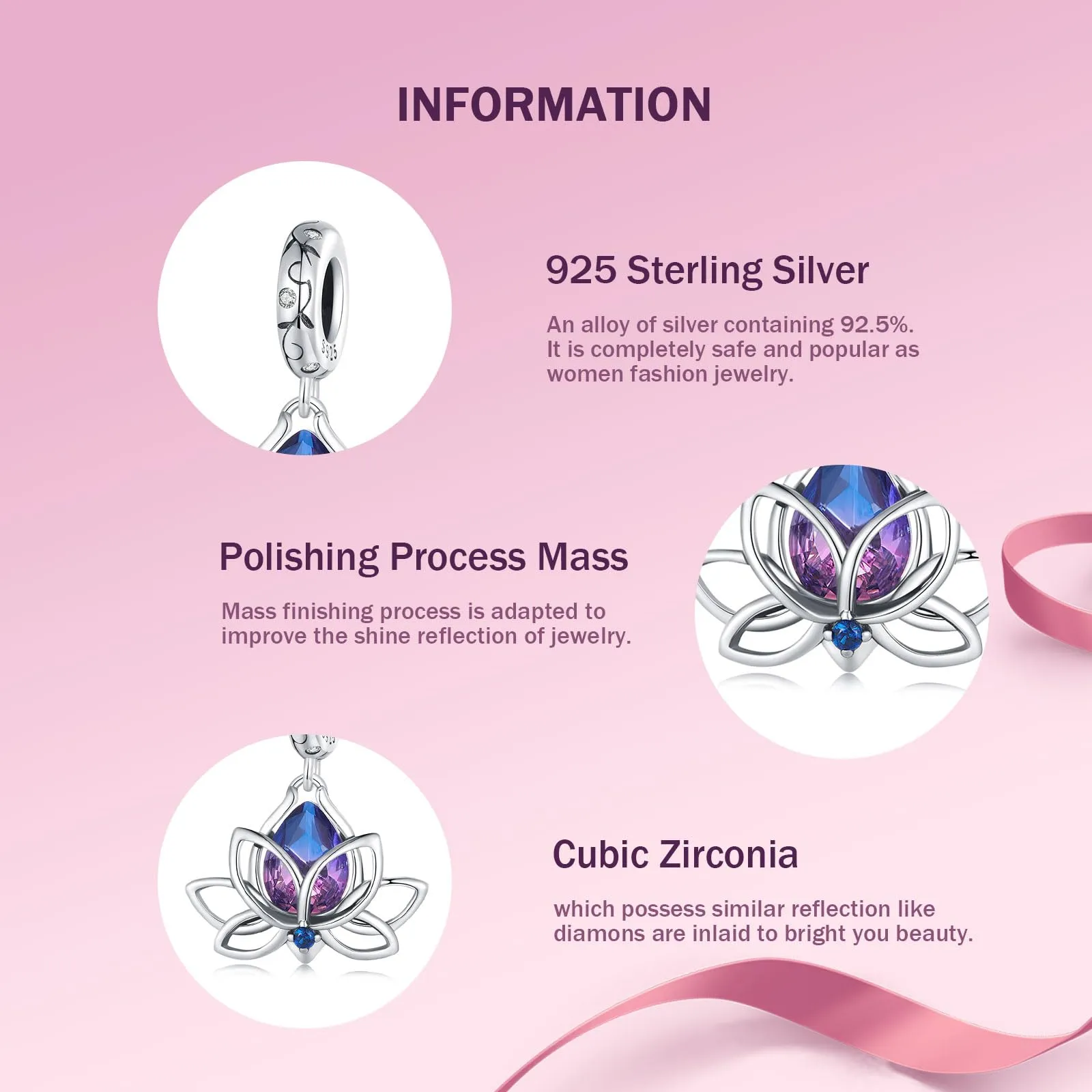 NINGAN 925 Sterling Silver Lotus Pendant Luce Viola Gem Charm - immagine 4