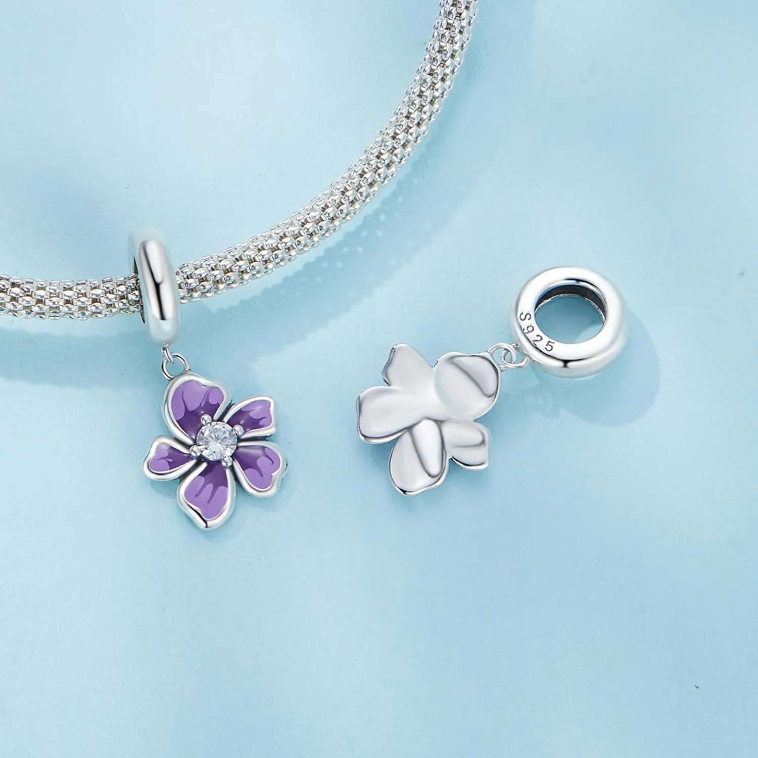 NINGAN Ciondolo Fiore Viola in Argento Sterling 925 per Bracciale e Collana - immagine 2