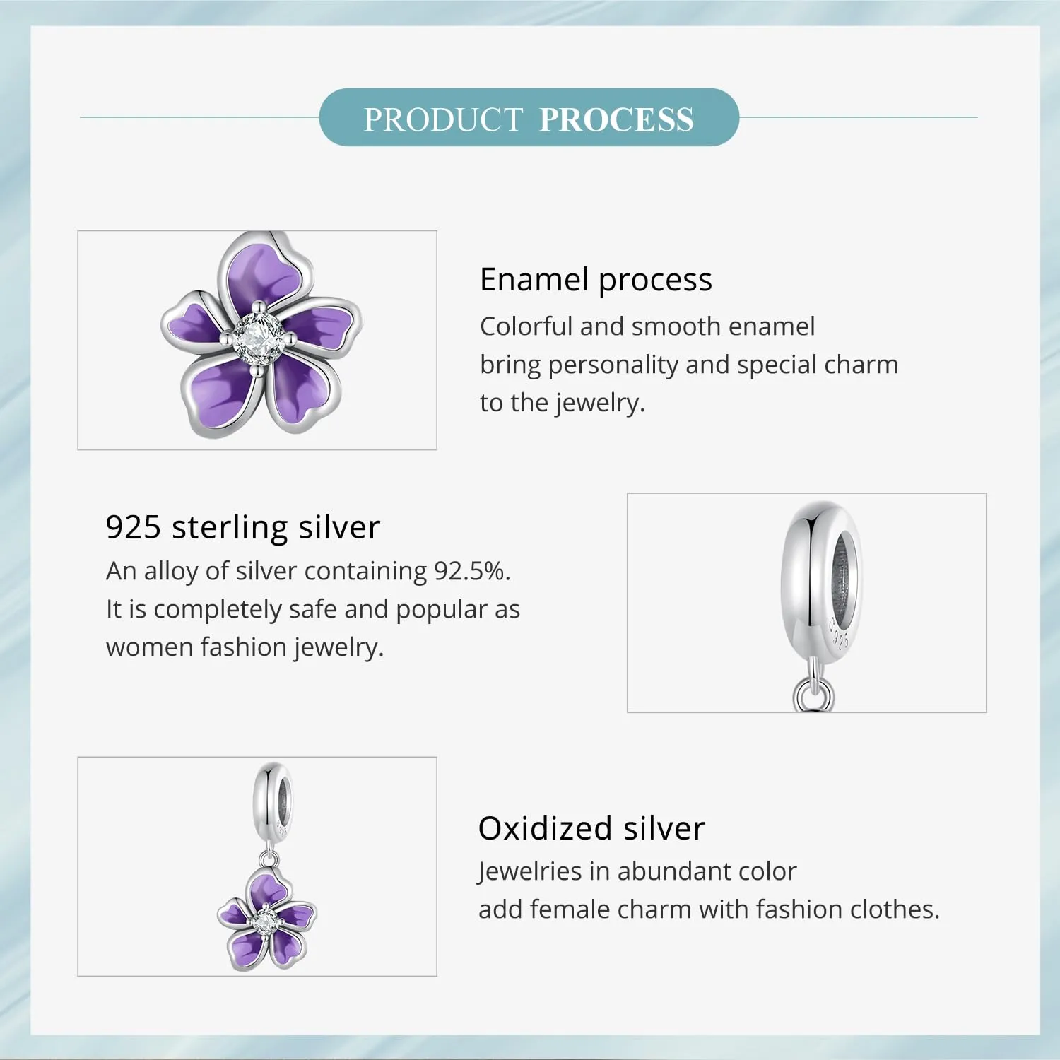 NINGAN Ciondolo Fiore Viola in Argento Sterling 925 per Bracciale e Collana - immagine 7