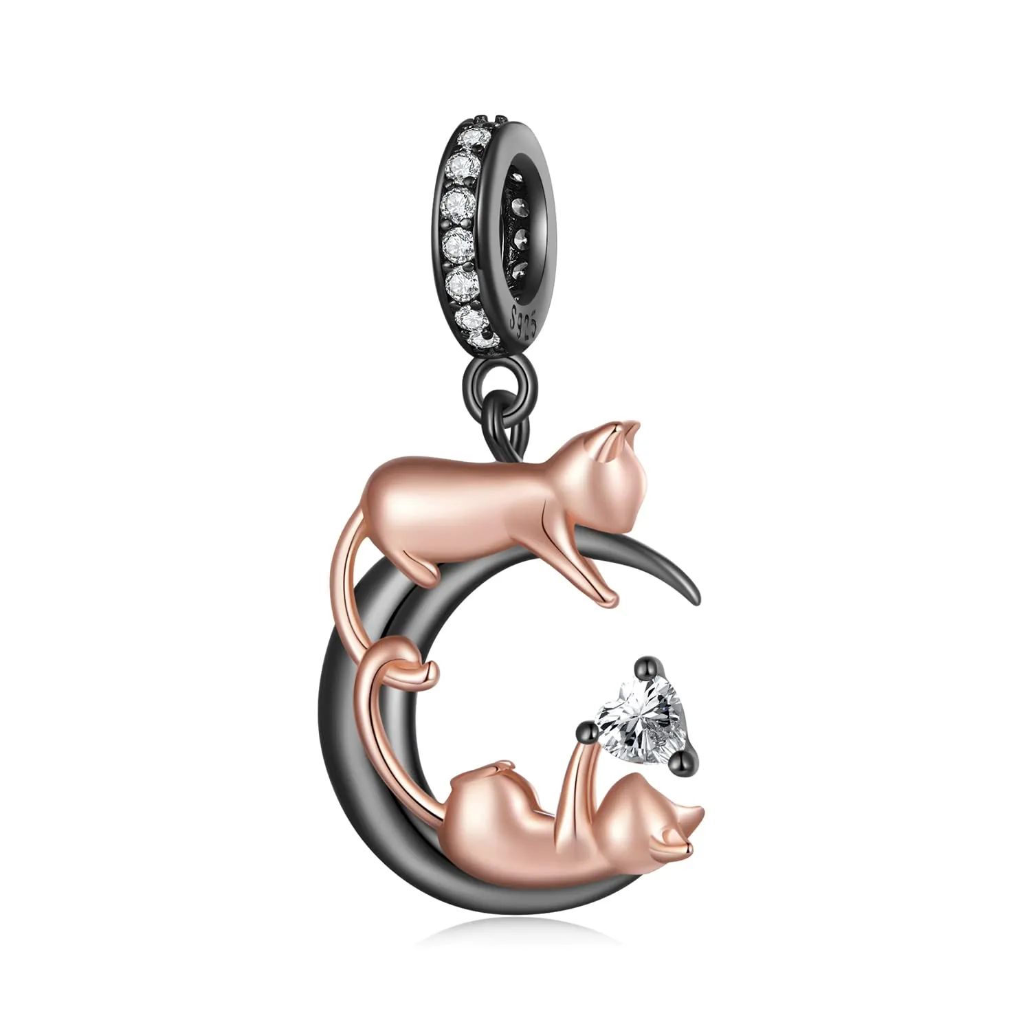 NINGAN 925 Argento e Oro Rosa Gattino Ciondolo Charm Nero per Bracciale e Collana - immagine 1