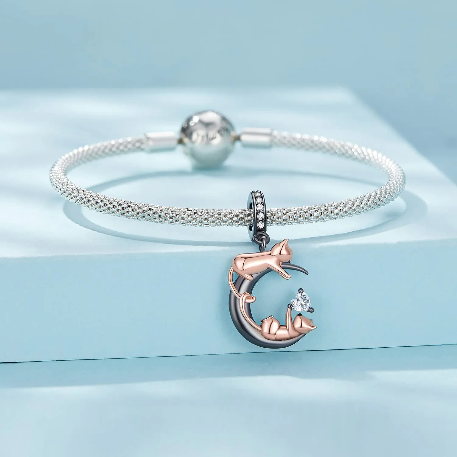 NINGAN 925 Argento e Oro Rosa Gattino Ciondolo Charm Nero per Bracciale e Collana - immagine 2