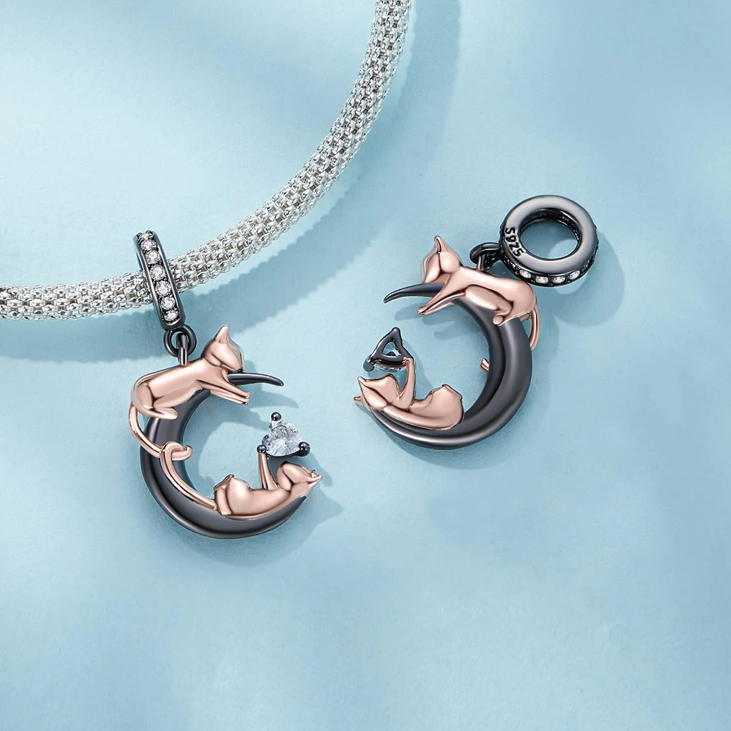 NINGAN 925 Argento e Oro Rosa Gattino Ciondolo Charm Nero per Bracciale e Collana - immagine 3
