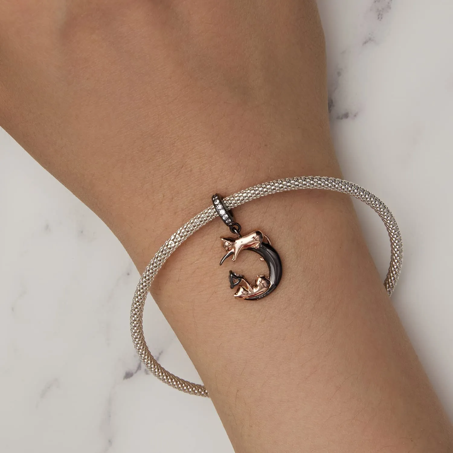NINGAN 925 Argento e Oro Rosa Gattino Ciondolo Charm Nero per Bracciale e Collana - immagine 4
