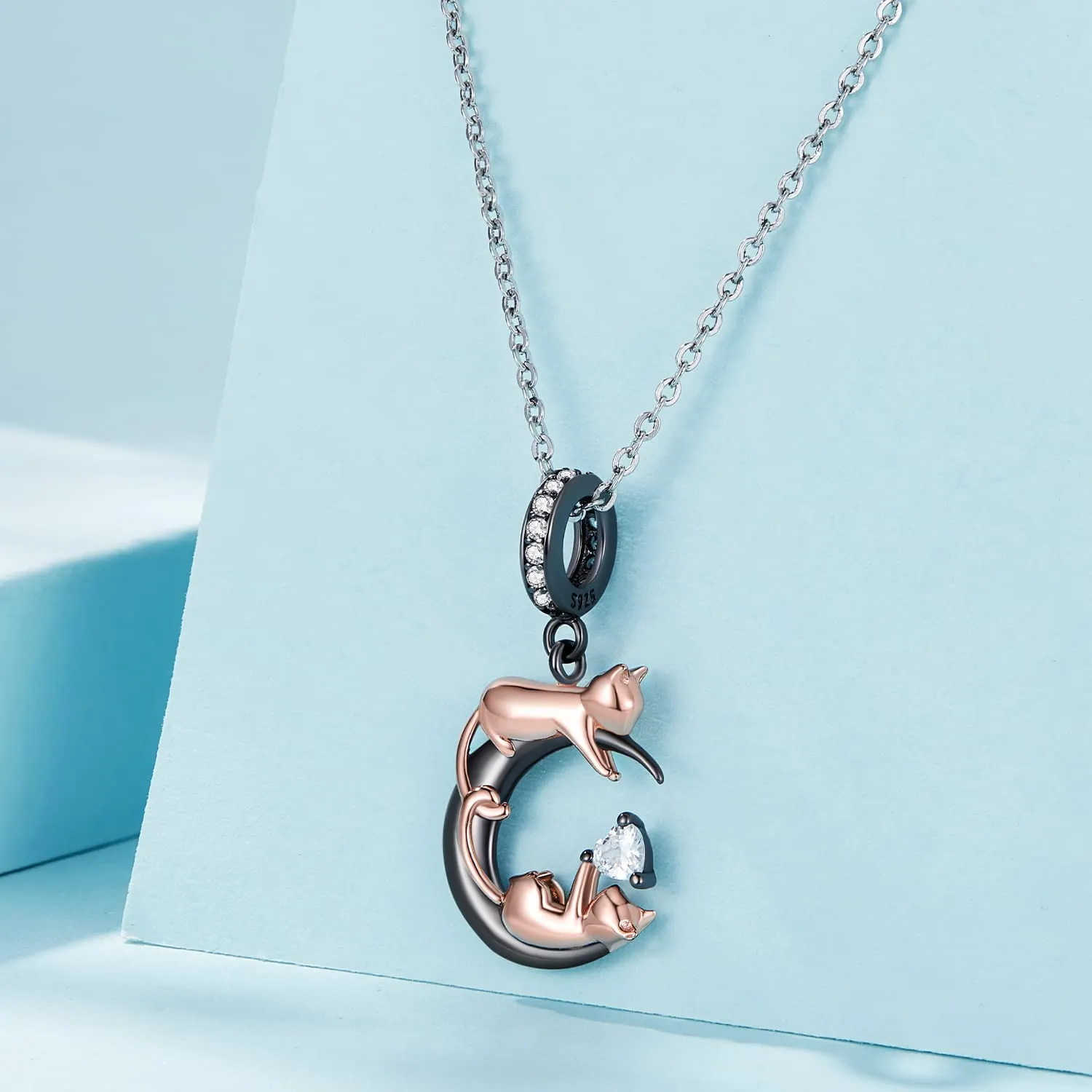 NINGAN 925 Argento e Oro Rosa Gattino Ciondolo Charm Nero per Bracciale e Collana - immagine 5
