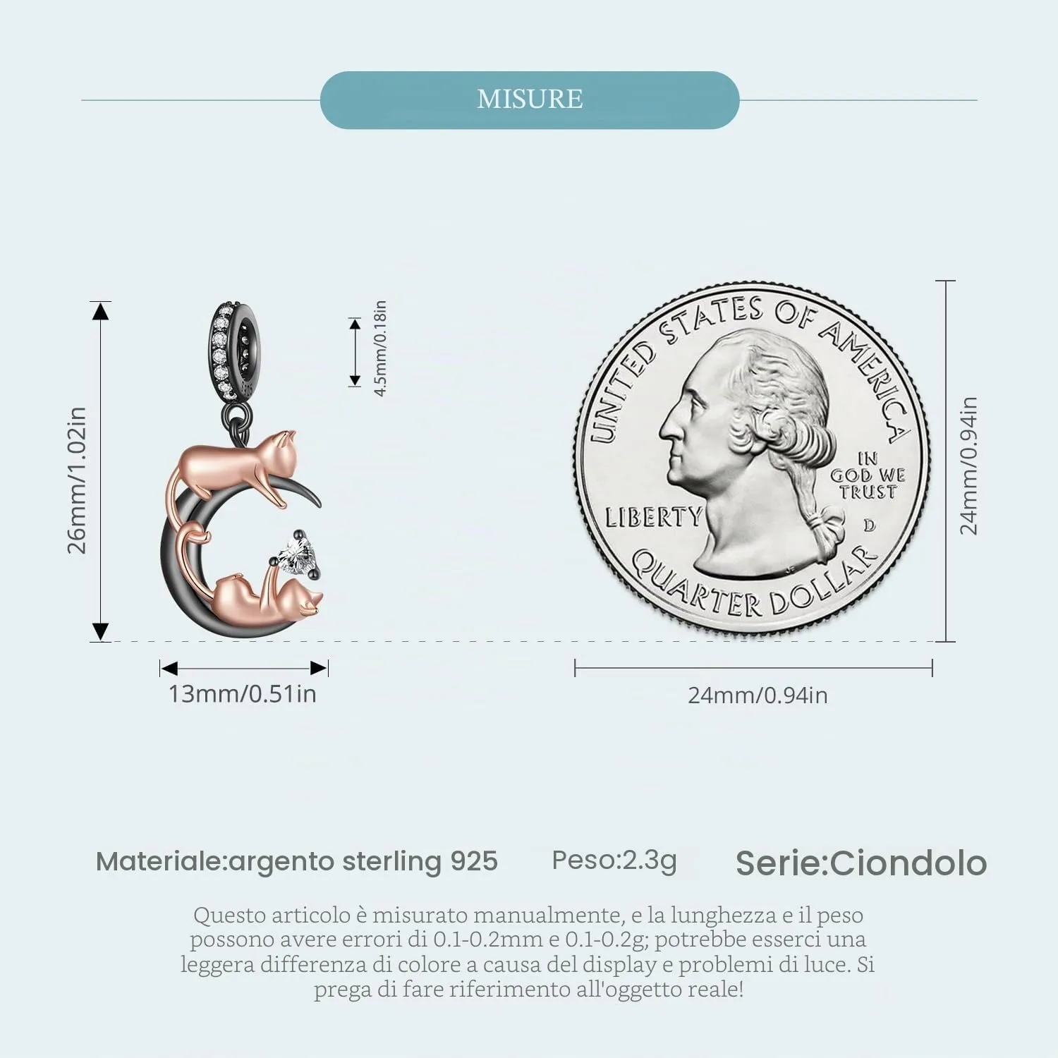 NINGAN 925 Argento e Oro Rosa Gattino Ciondolo Charm Nero per Bracciale e Collana - immagine 6