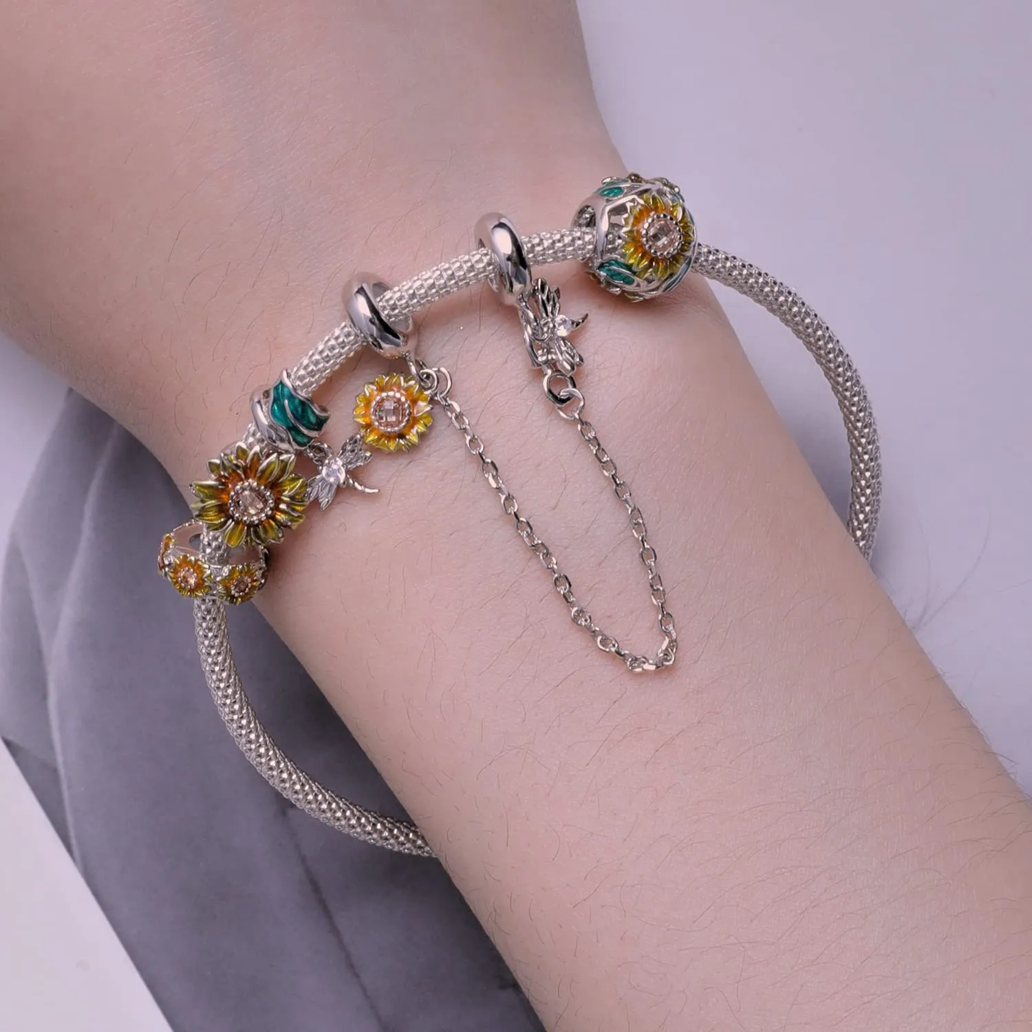 NINGAN 925 Argento Sterling Girasole Silicone Perline Bracciale Donna Charms, 2 Per Pack - immagine 2