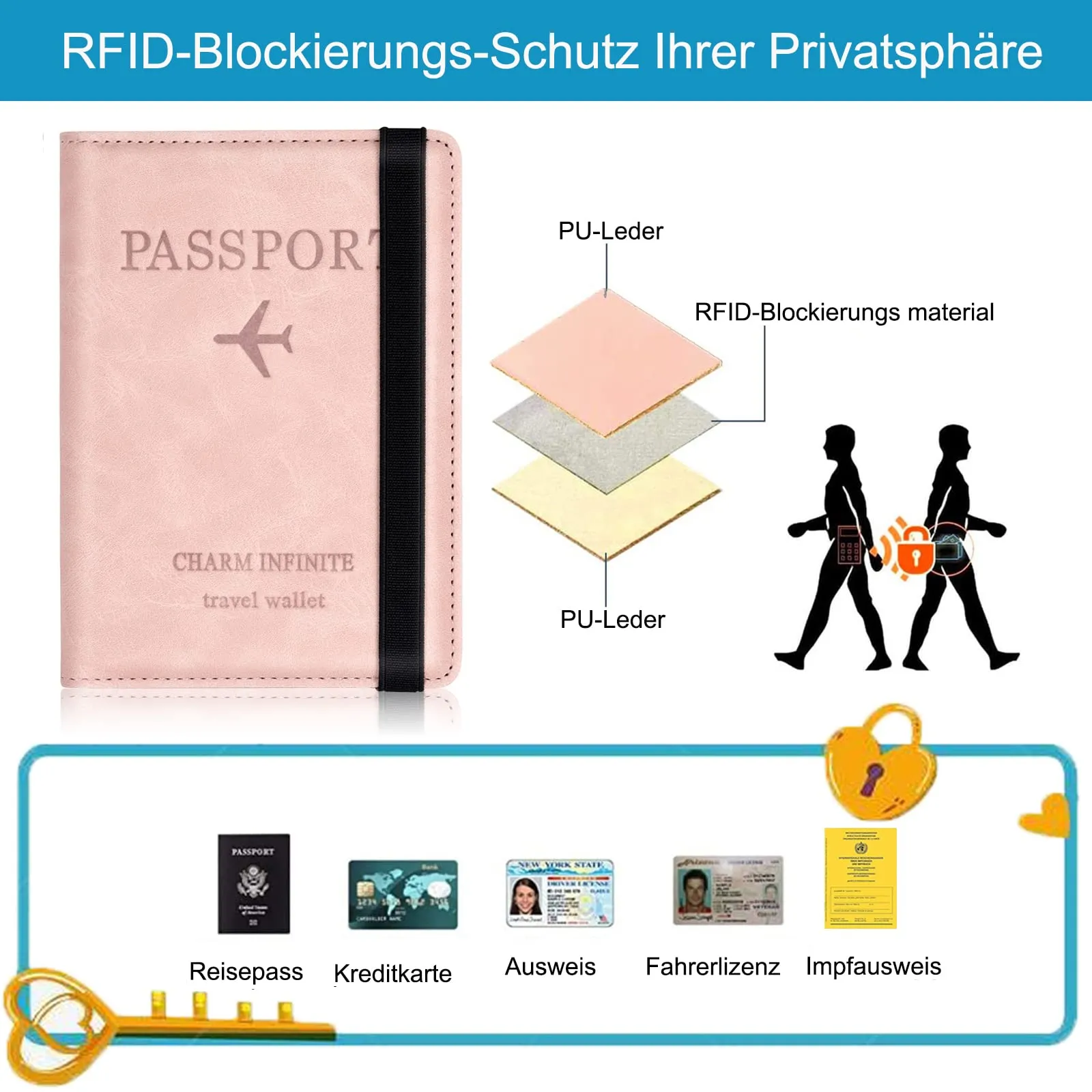 Toctax Custodia per Passaporto con Blocco RFID, 150mm x 110mm (Rosa) - immagine 3
