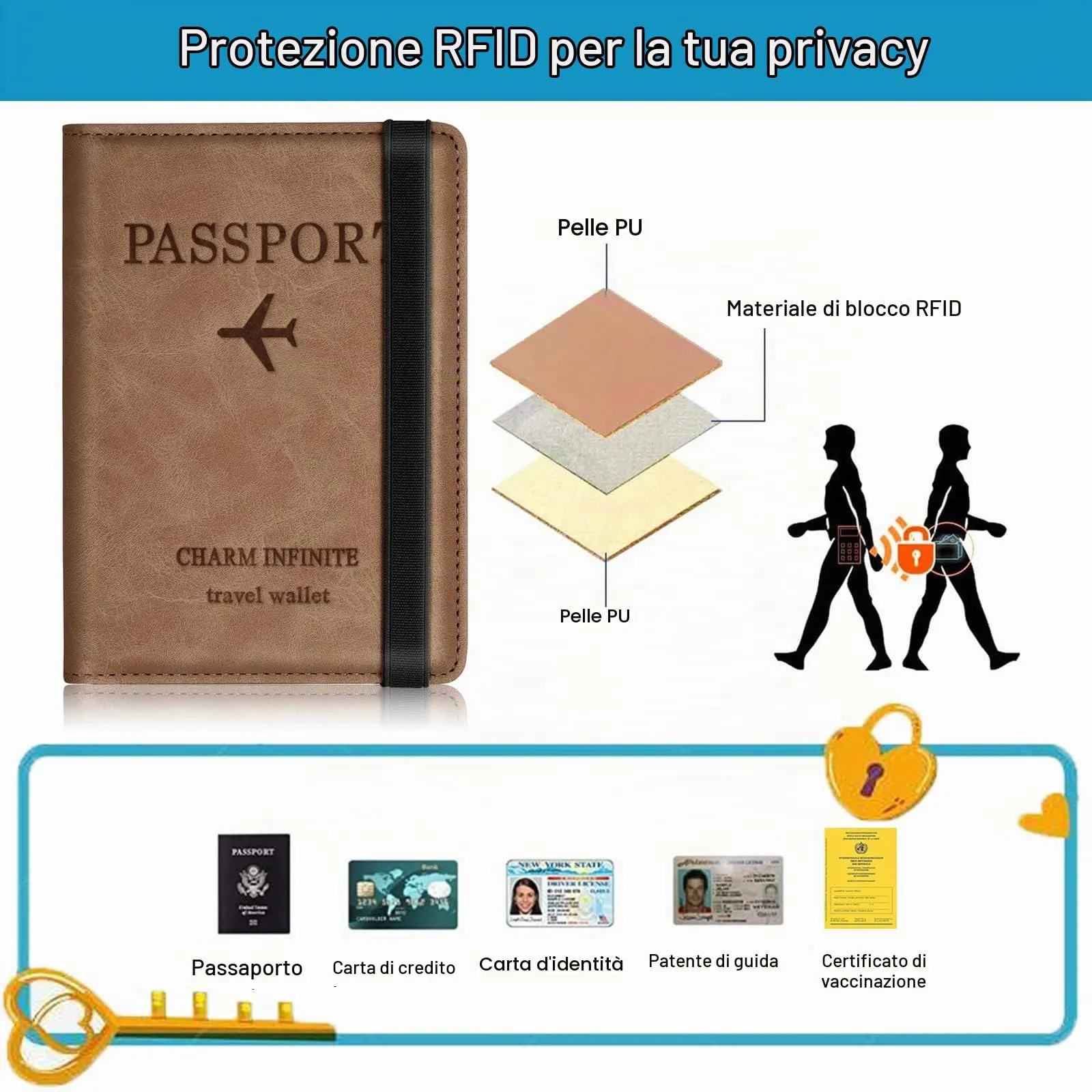 Toctax Custodia per Passaporto con Blocco RFID, Marrone - immagine 3