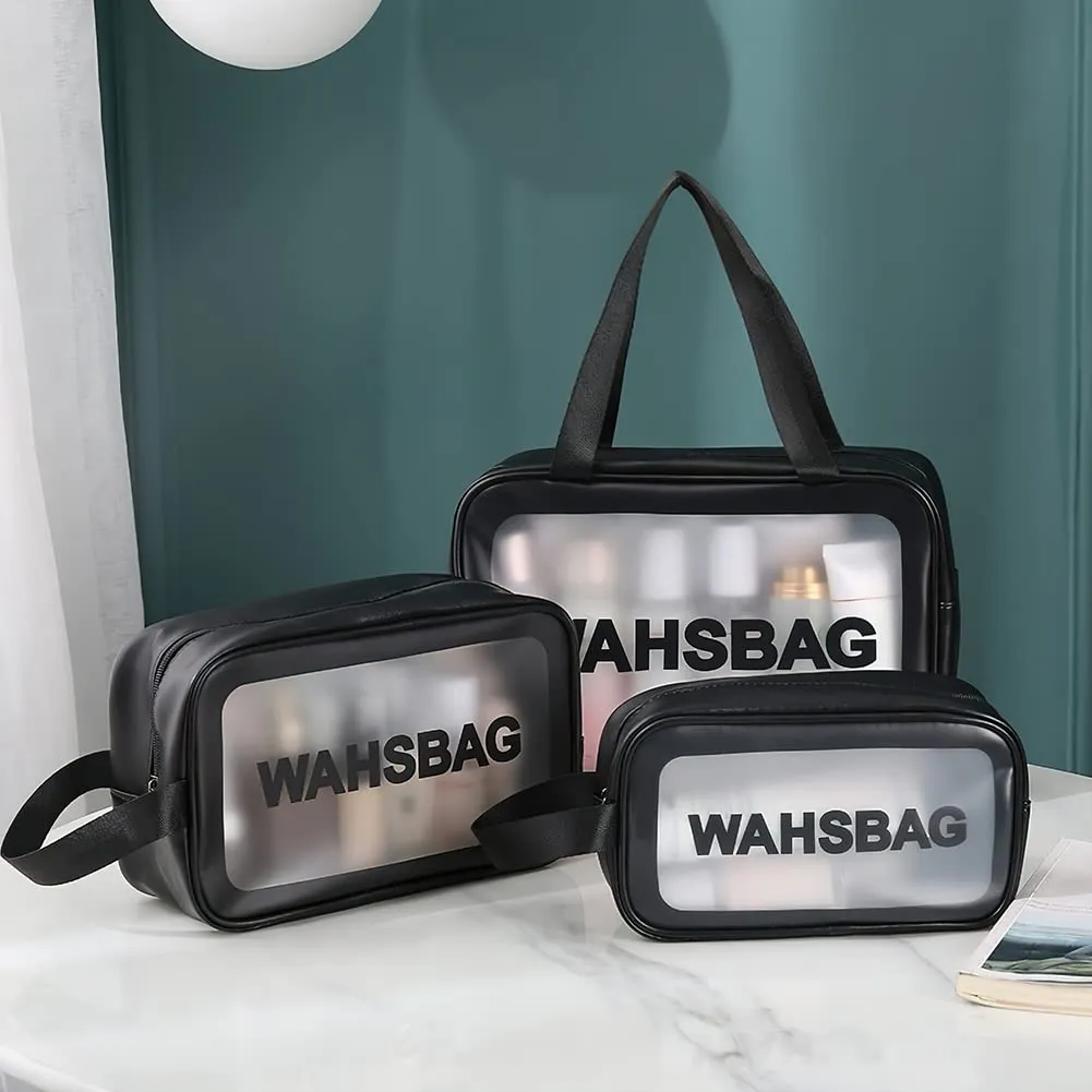 Aucuu Set di 3 Borse da Toilette Trasparenti in PVC e PU, Beauty Case Impermeabile per Viaggio e Cosmetici - immagine 2
