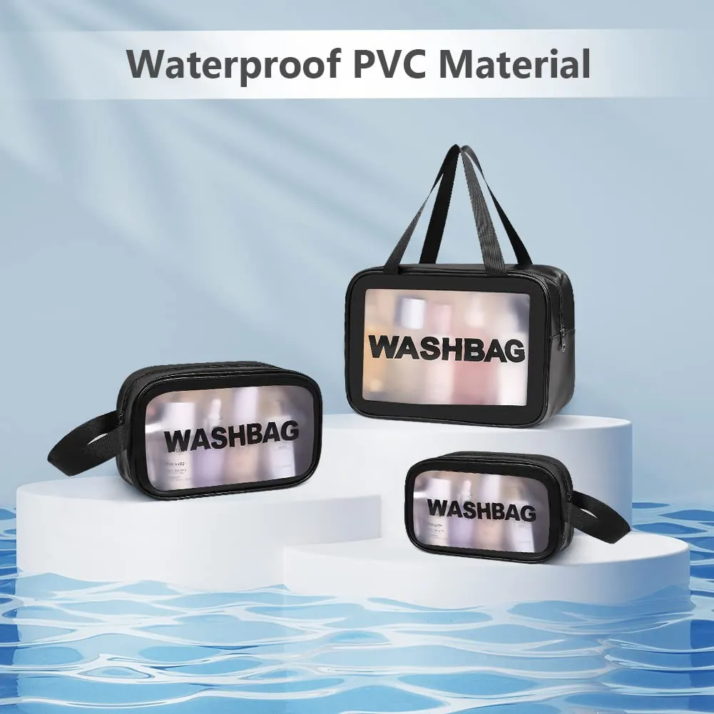Aucuu Set di 3 Borse da Toilette Trasparenti in PVC e PU, Beauty Case Impermeabile per Viaggio e Cosmetici - immagine 5