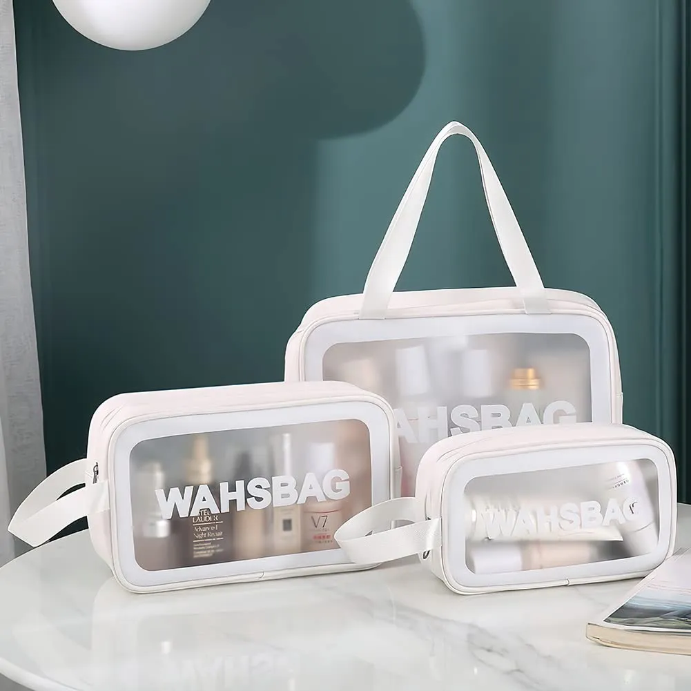 Aucuu Set di 3 Borse da Toilette Trasparenti in PVC e PU, Beauty Case Impermeabile per Cosmetici e Trucco - immagine 2