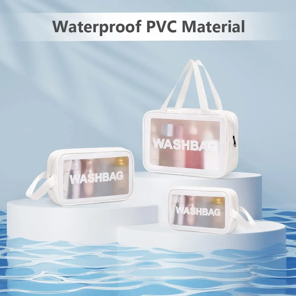 Aucuu Set di 3 Borse da Toilette Trasparenti in PVC e PU, Beauty Case Impermeabile per Cosmetici e Trucco - immagine 5
