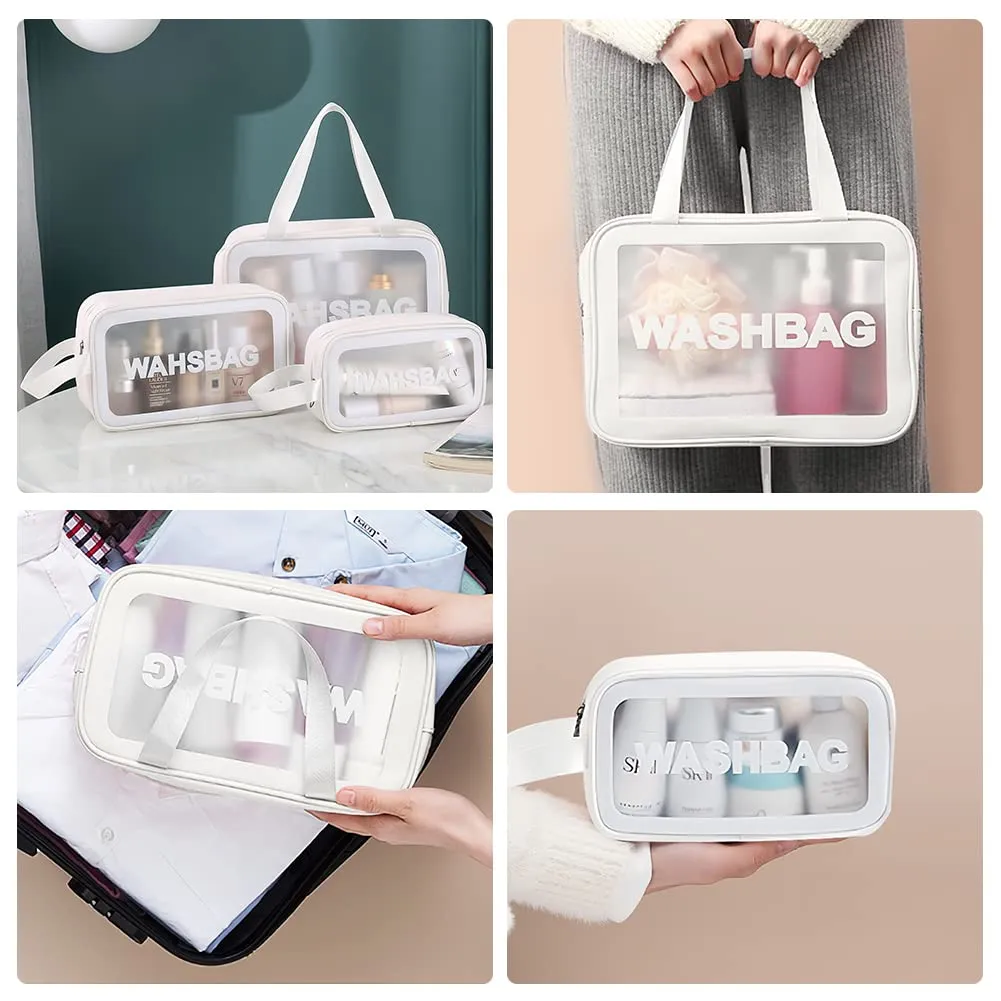 Aucuu Set di 3 Borse da Toilette Trasparenti in PVC e PU, Beauty Case Impermeabile per Cosmetici e Trucco - immagine 7