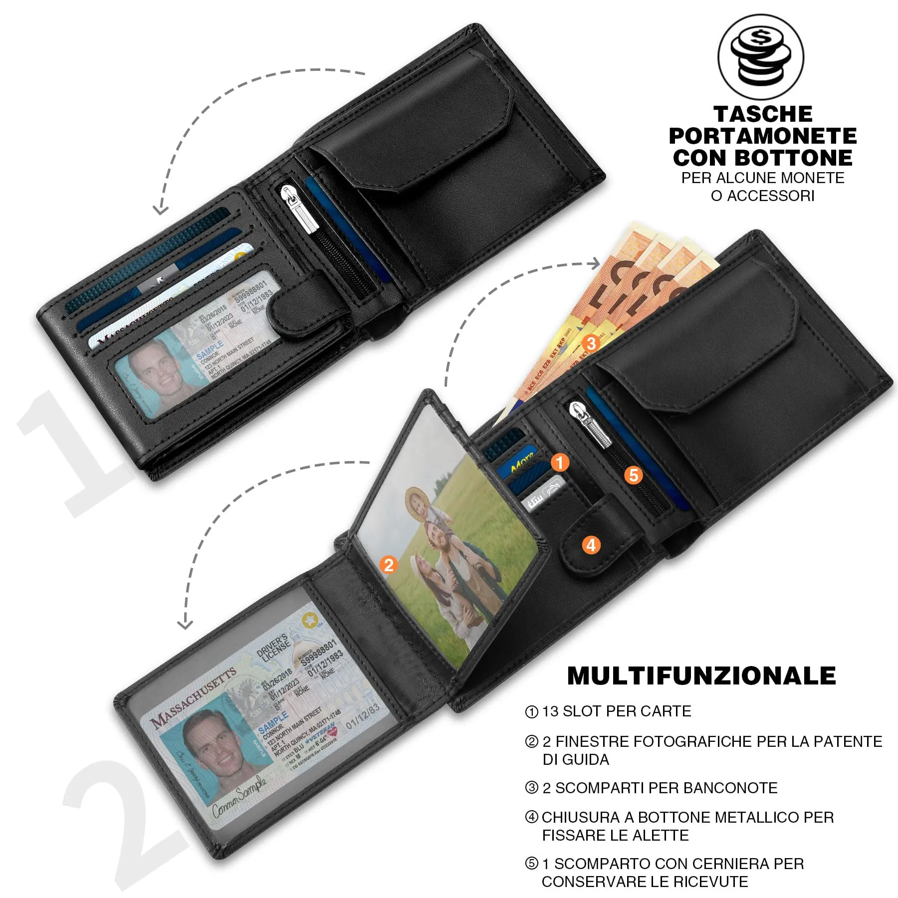 TEEHON Portafoglio Uomo Slim in Pelle in Microfibra RFID Blocking, 13 Porta Carte, ID Window, Scomparti per Banconote - Nero - immagine 2