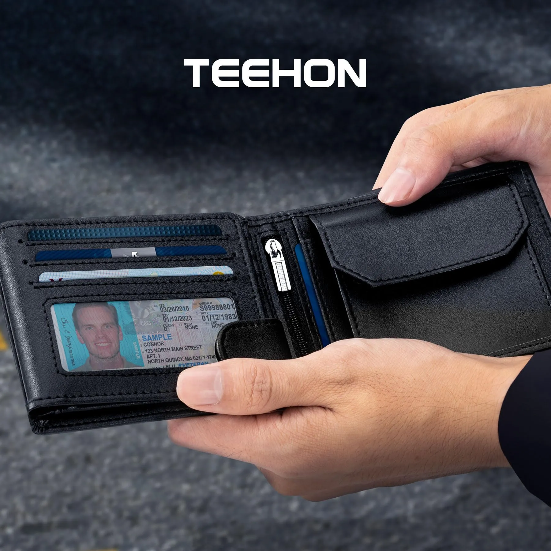 TEEHON Portafoglio Uomo Slim in Pelle in Microfibra RFID Blocking, 13 Porta Carte, ID Window, Scomparti per Banconote - Nero - immagine 8