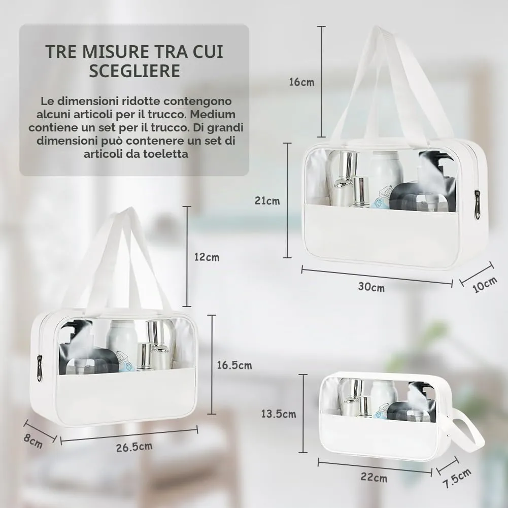 Aucuu Borse da Toilette Trasparenti in PVC, Set di 3 Pezzi, Beauty Case Impermeabile per Viaggio e Cosmetici - immagine 6