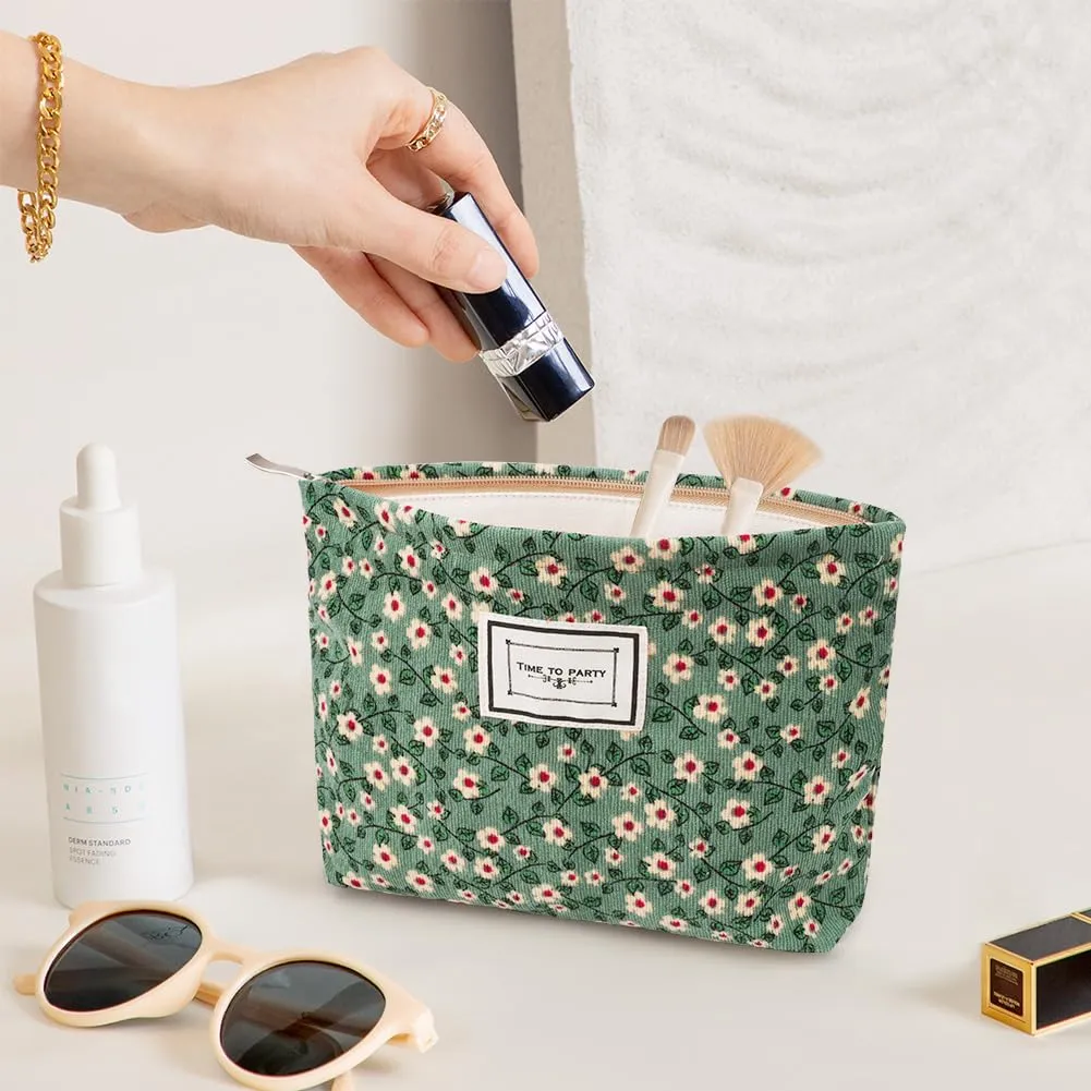 Aucuu Beauty Case da Viaggio 2 in 1 Borsa per Cosmetici in Velluto a Coste con Motivo Floreale - immagine 4