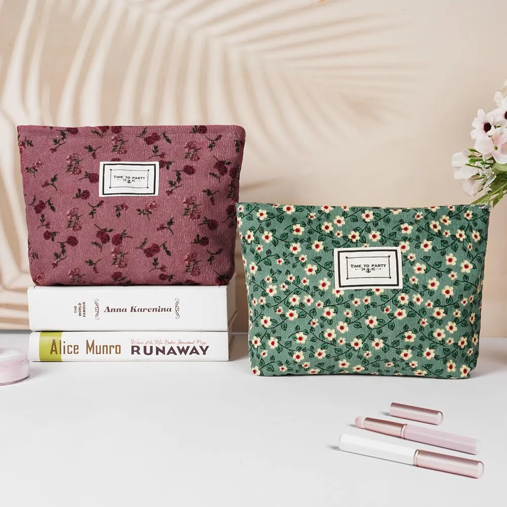 Aucuu Beauty Case da Viaggio 2 in 1 Borsa per Cosmetici in Velluto a Coste con Motivo Floreale - immagine 6