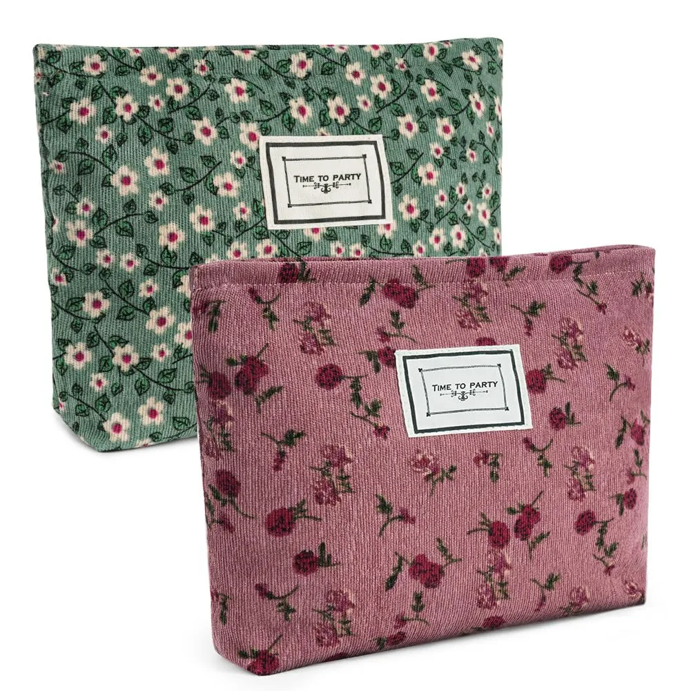 Aucuu Beauty Case da Viaggio 2 in 1 Borsa per Cosmetici in Velluto a Coste con Motivo Floreale - immagine 9