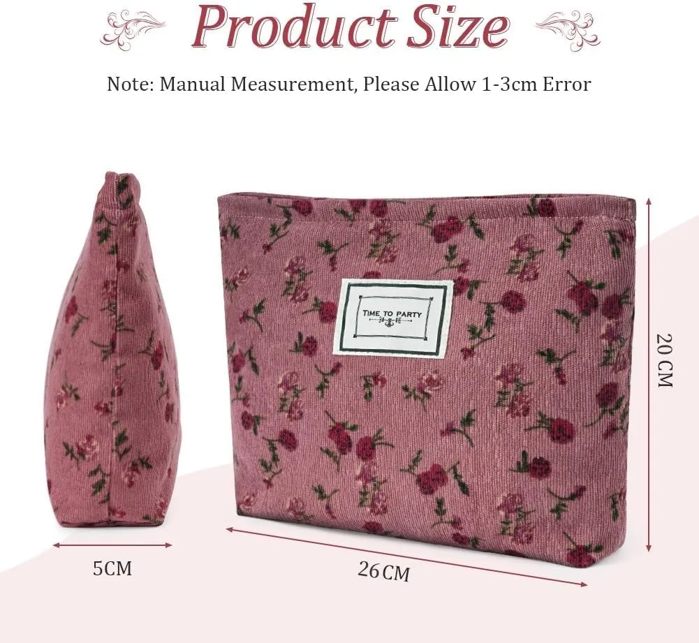 Aucuu Beauty Case da Viaggio in Velluto a Coste con Motivo Floreale per Cosmetici e Trucchi - immagine 2