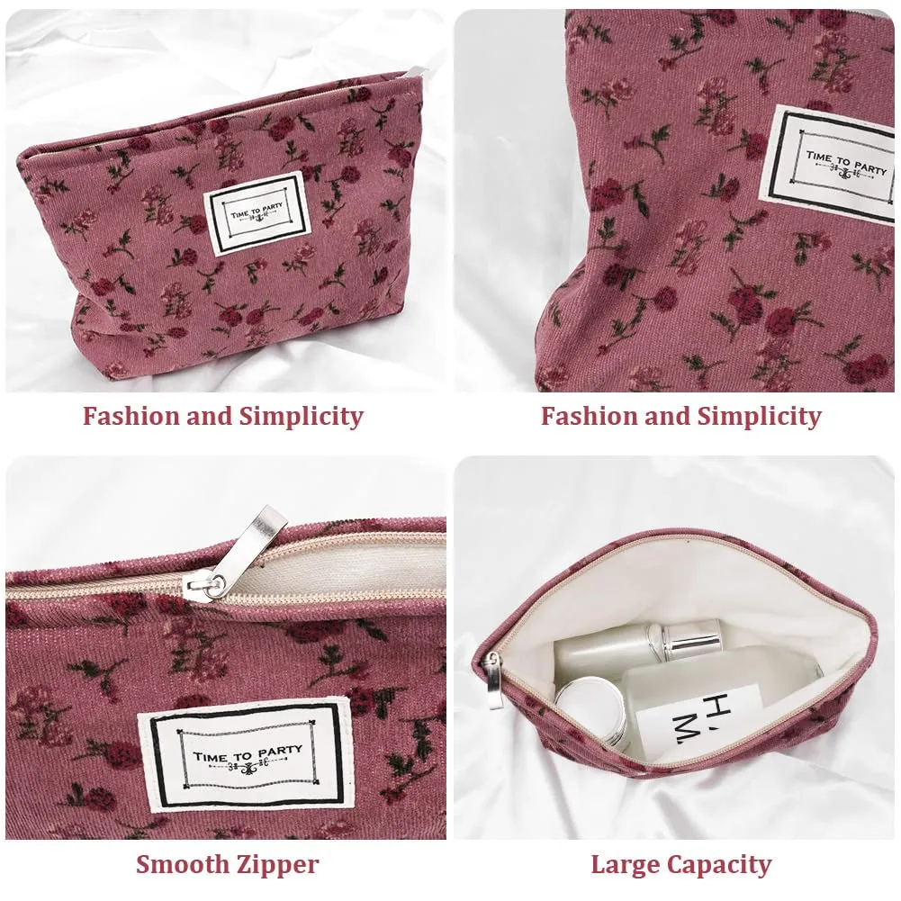 Aucuu Beauty Case da Viaggio in Velluto a Coste con Motivo Floreale per Cosmetici e Trucchi - immagine 3