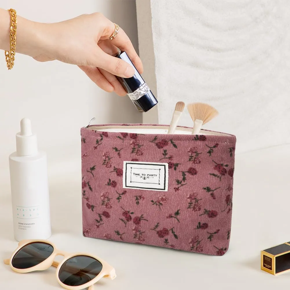 Aucuu Beauty Case da Viaggio in Velluto a Coste con Motivo Floreale per Cosmetici e Trucchi - immagine 4